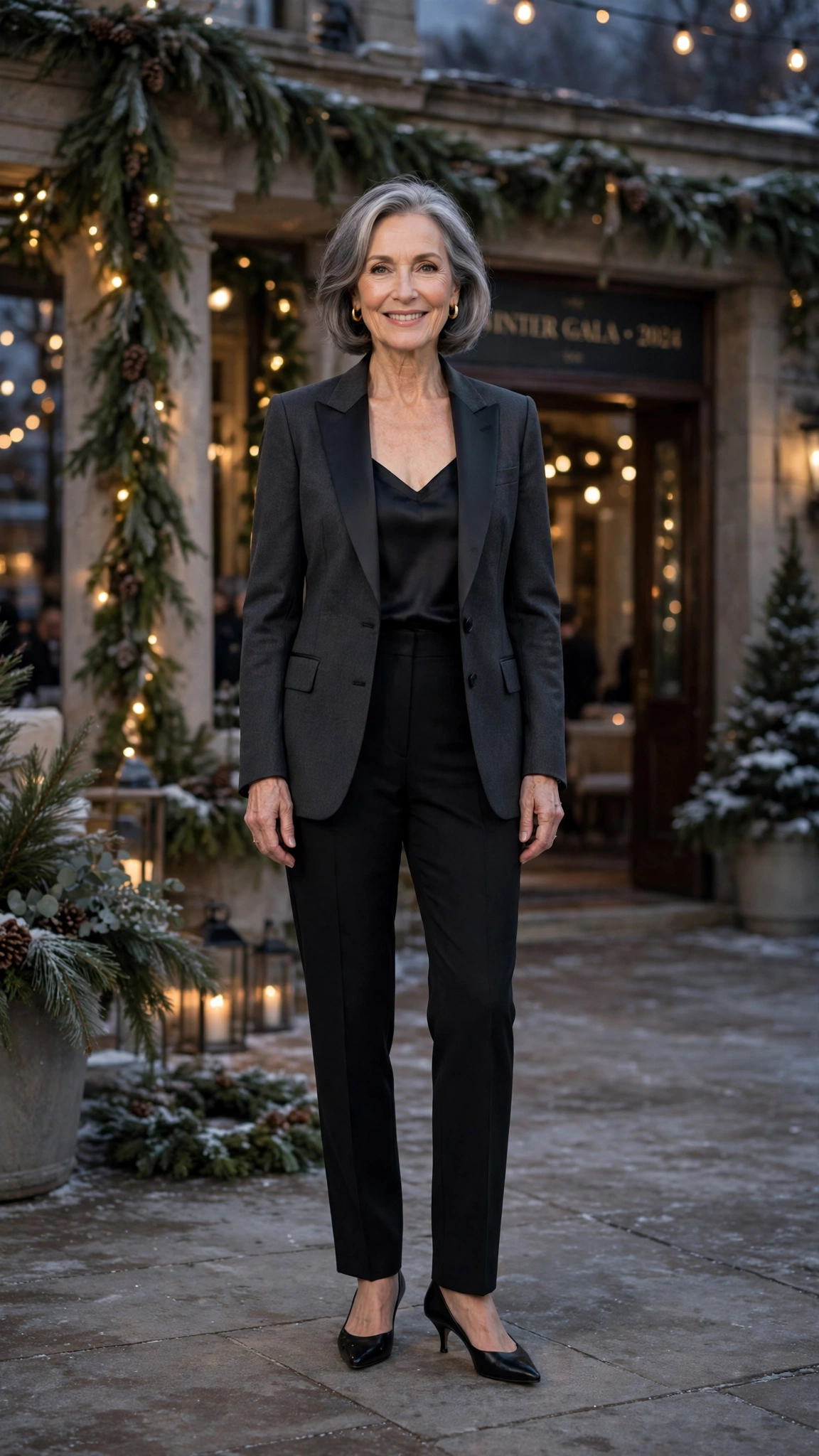 Charcoal tuxedo blazer, satin camisole with black trousers and kitten heels