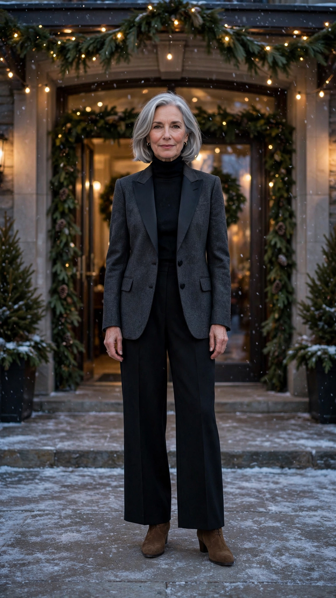 Charcoal tuxedo blazer, black wide-leg trousers and suede ankle boots