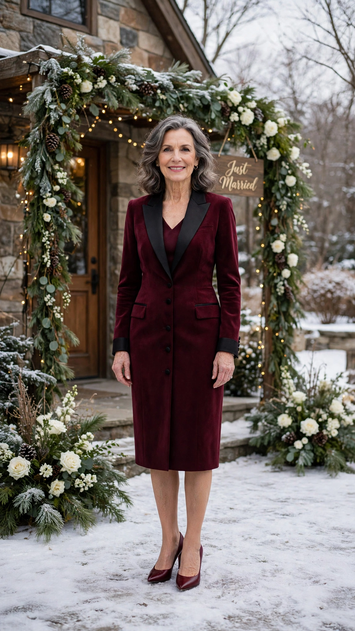 Burgundy tuxedo dress with classic pumps