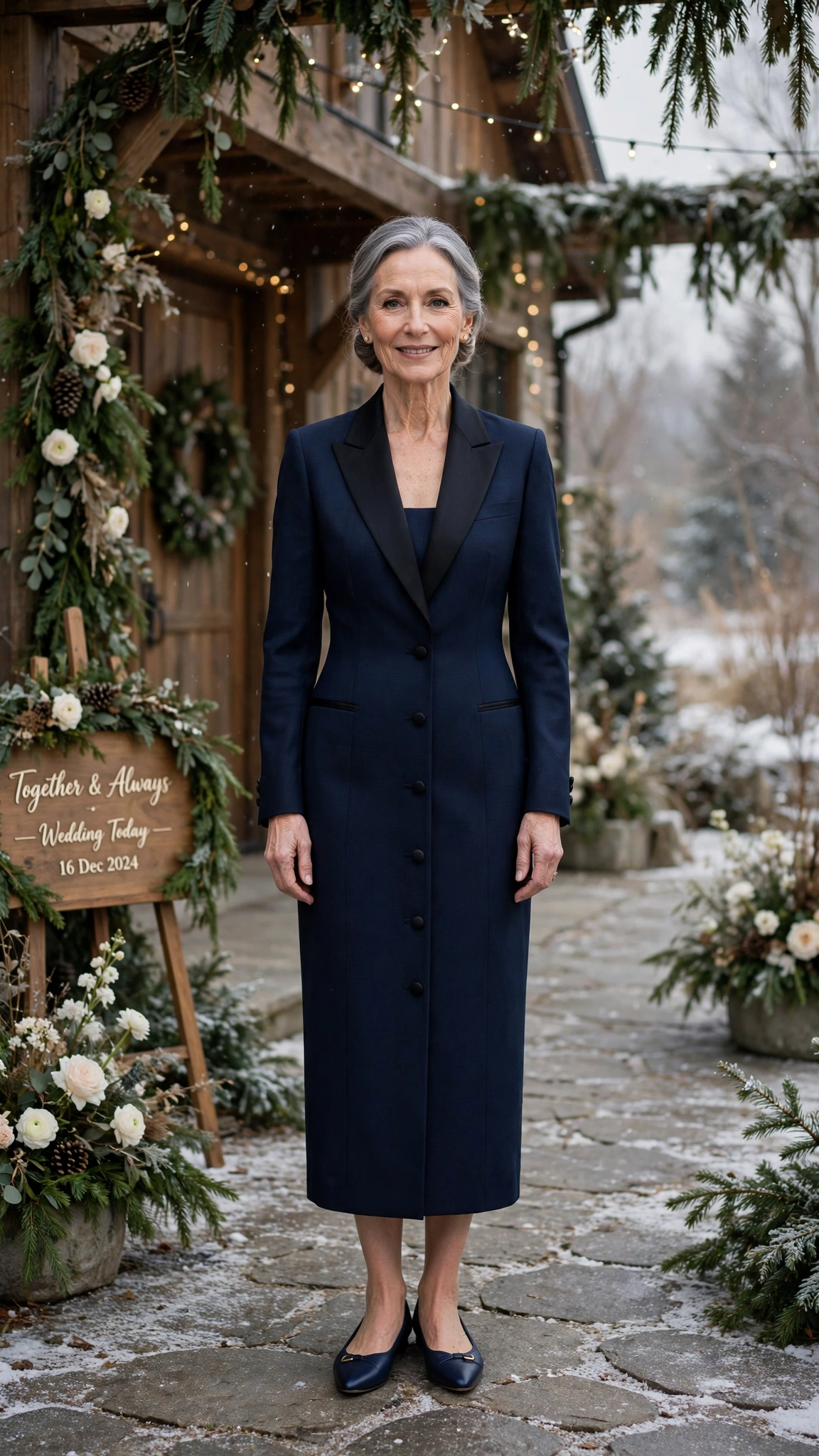 Navy tuxedo dress with elegant flats