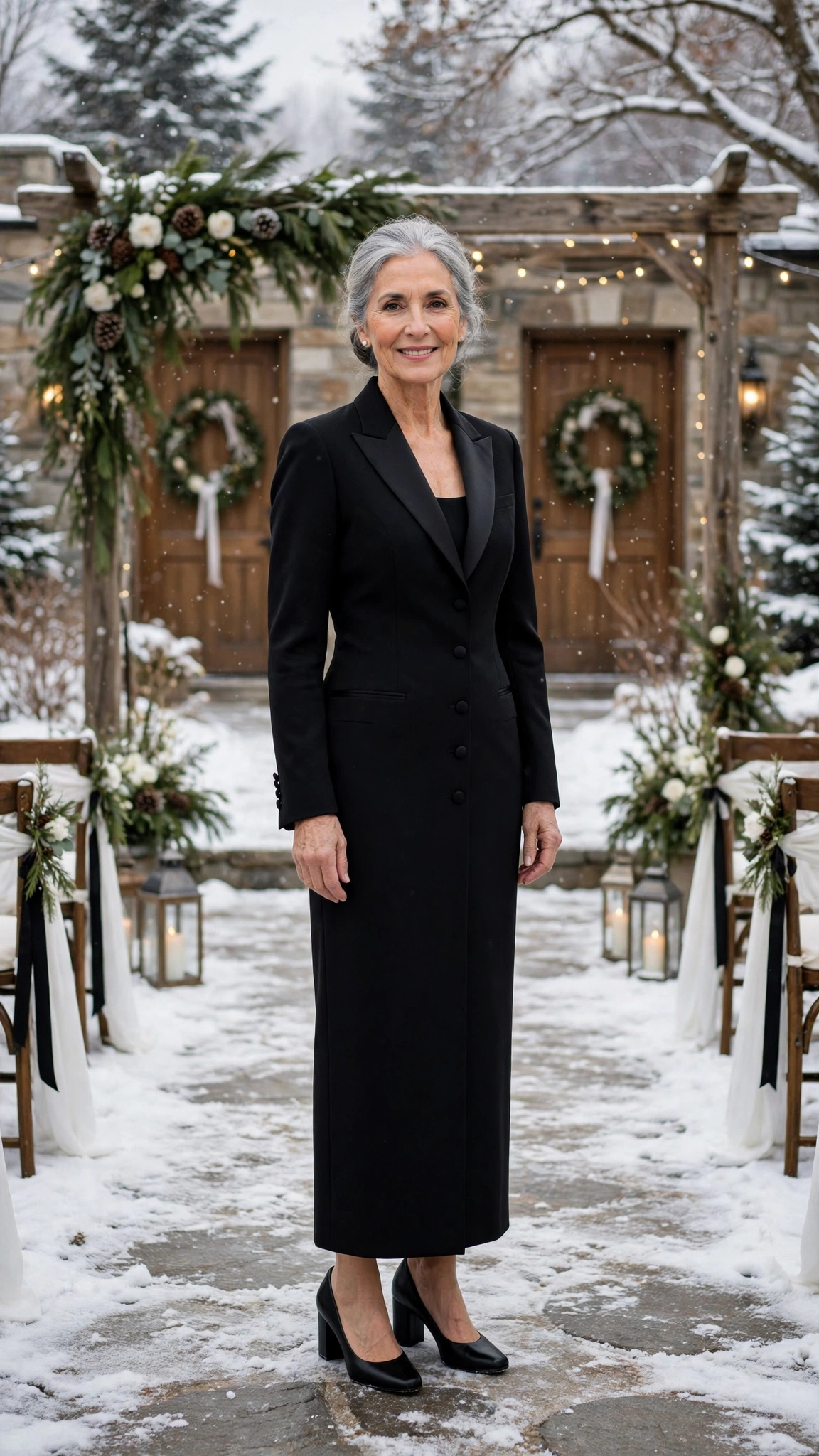 Black tuxedo dress with block-heel pumps