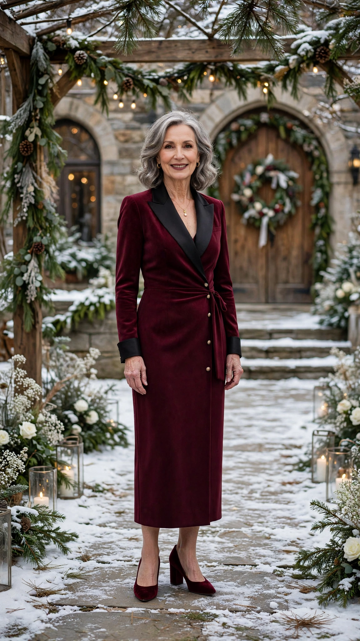 Burgundy tuxedo dress with block-heel pumps