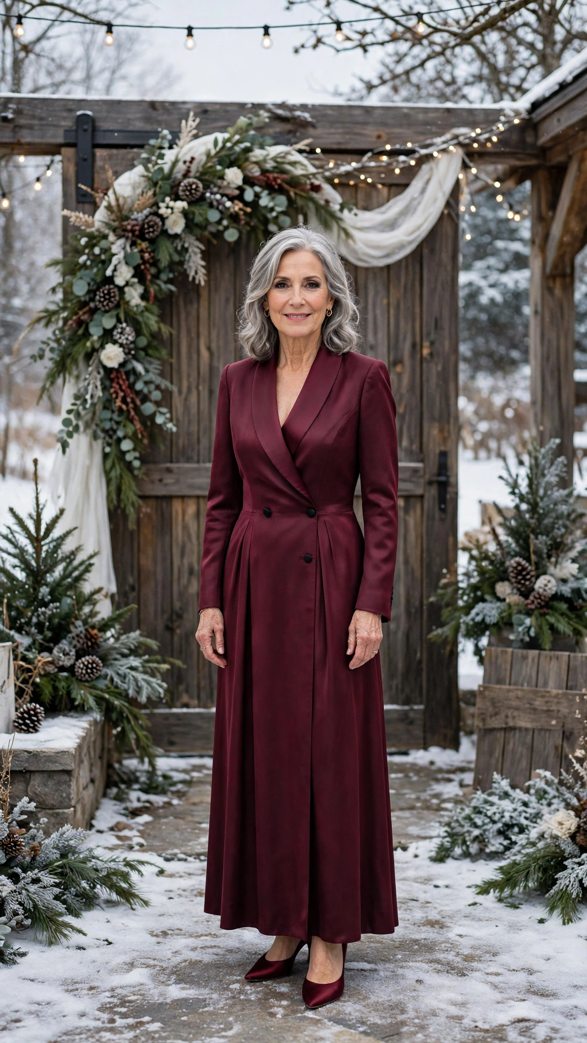 Burgundy tuxedo dress with satin pumps