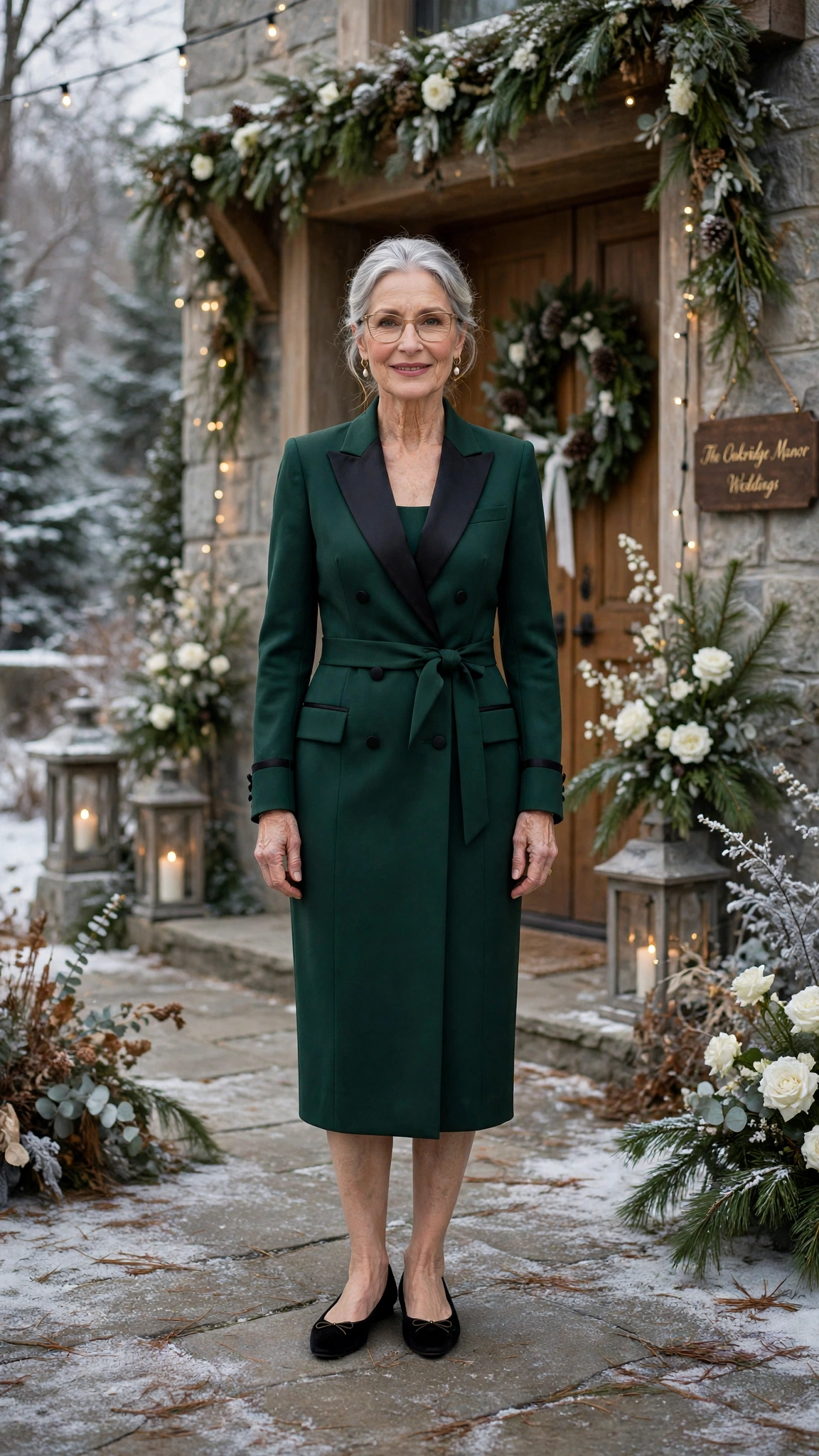 Forest green tuxedo dress with elegant flats