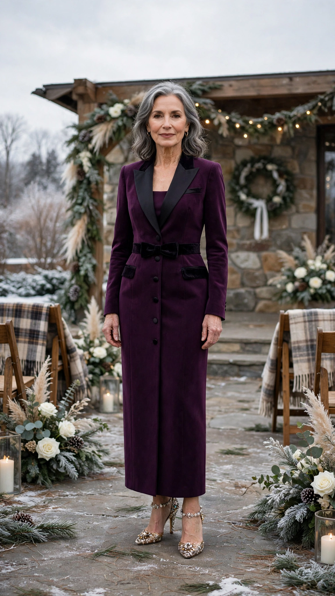 Plum tuxedo dress with embellished heels