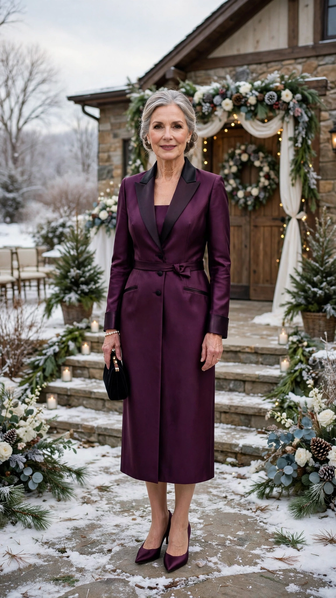 Plum tuxedo dress with satin pumps