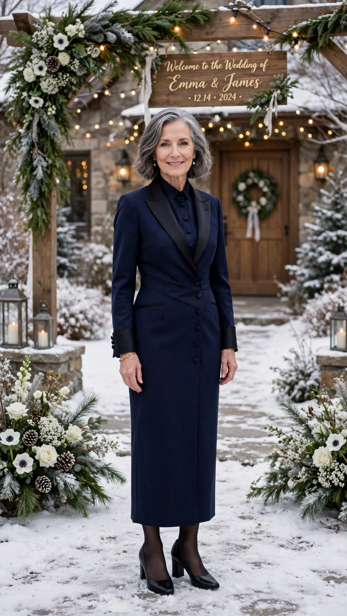 Navy tuxedo dress with block-heel pumps