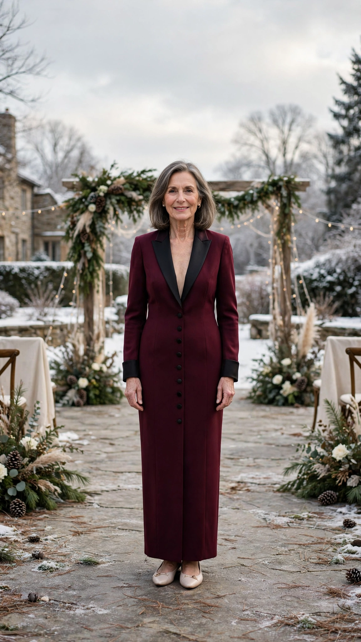 Wine tuxedo dress with elegant flats