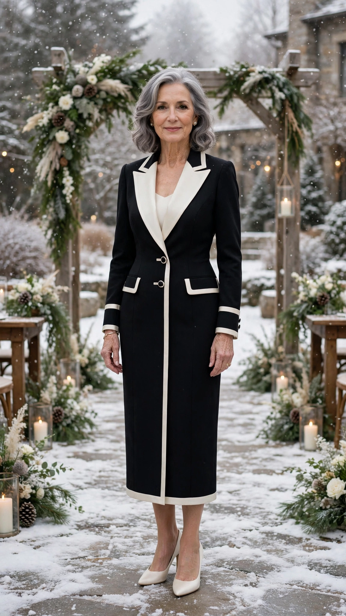 Ivory-trimmed black tuxedo dress with satin pumps