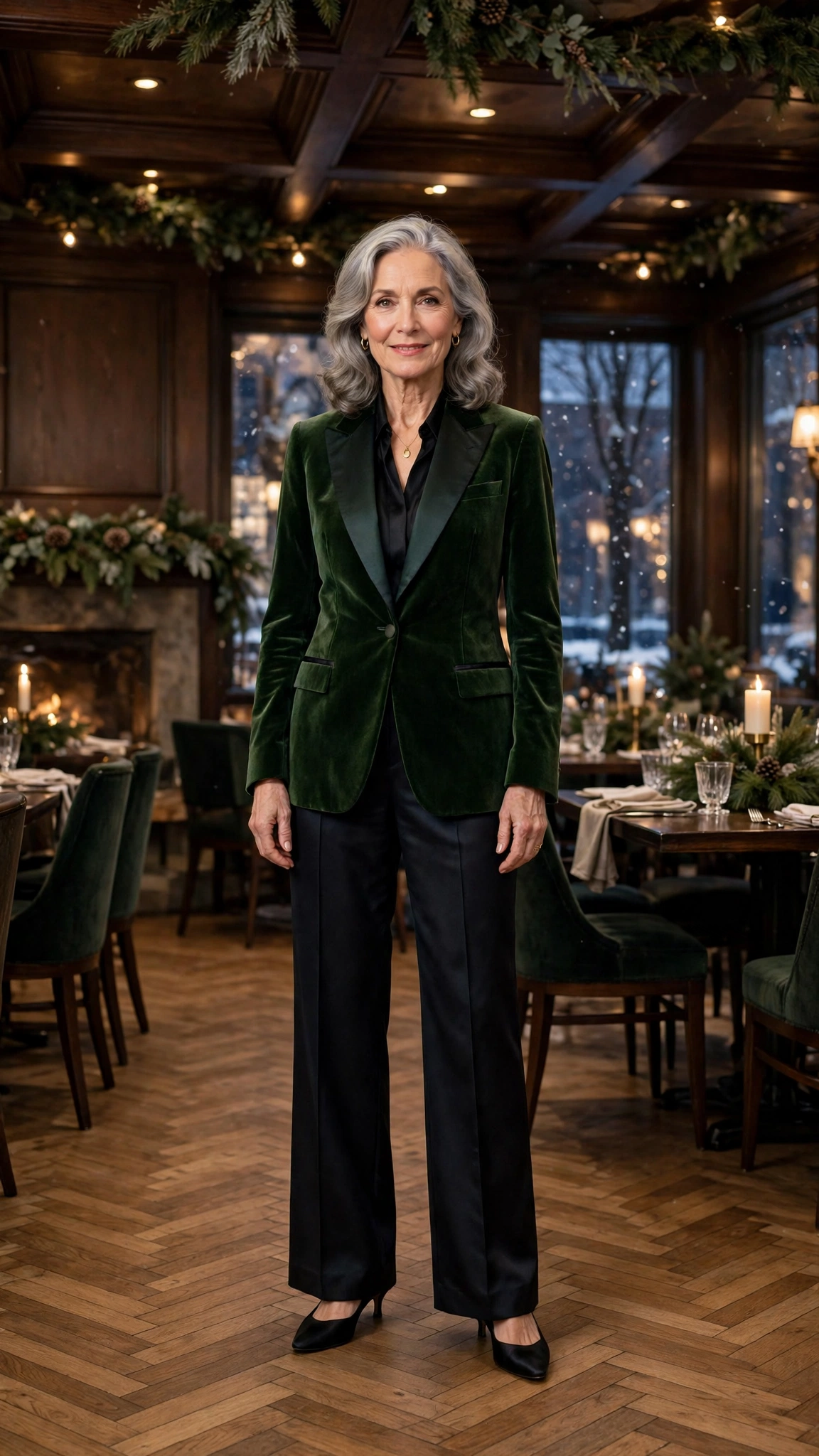 Forest green velvet tuxedo jacket, dark satin trousers and kitten heels