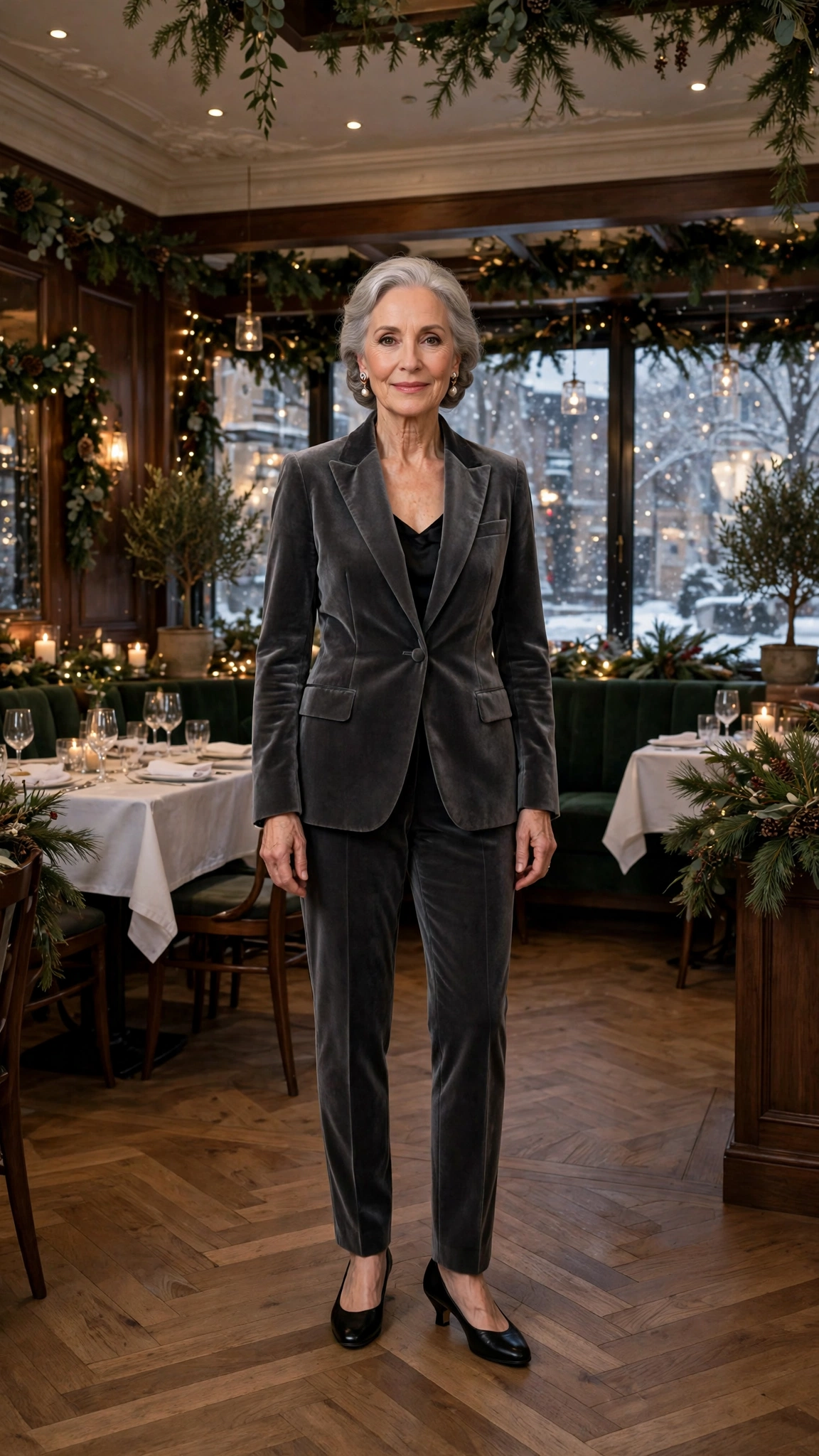 Charcoal velvet tuxedo jacket, charcoal cigarette trousers and low-heeled pumps