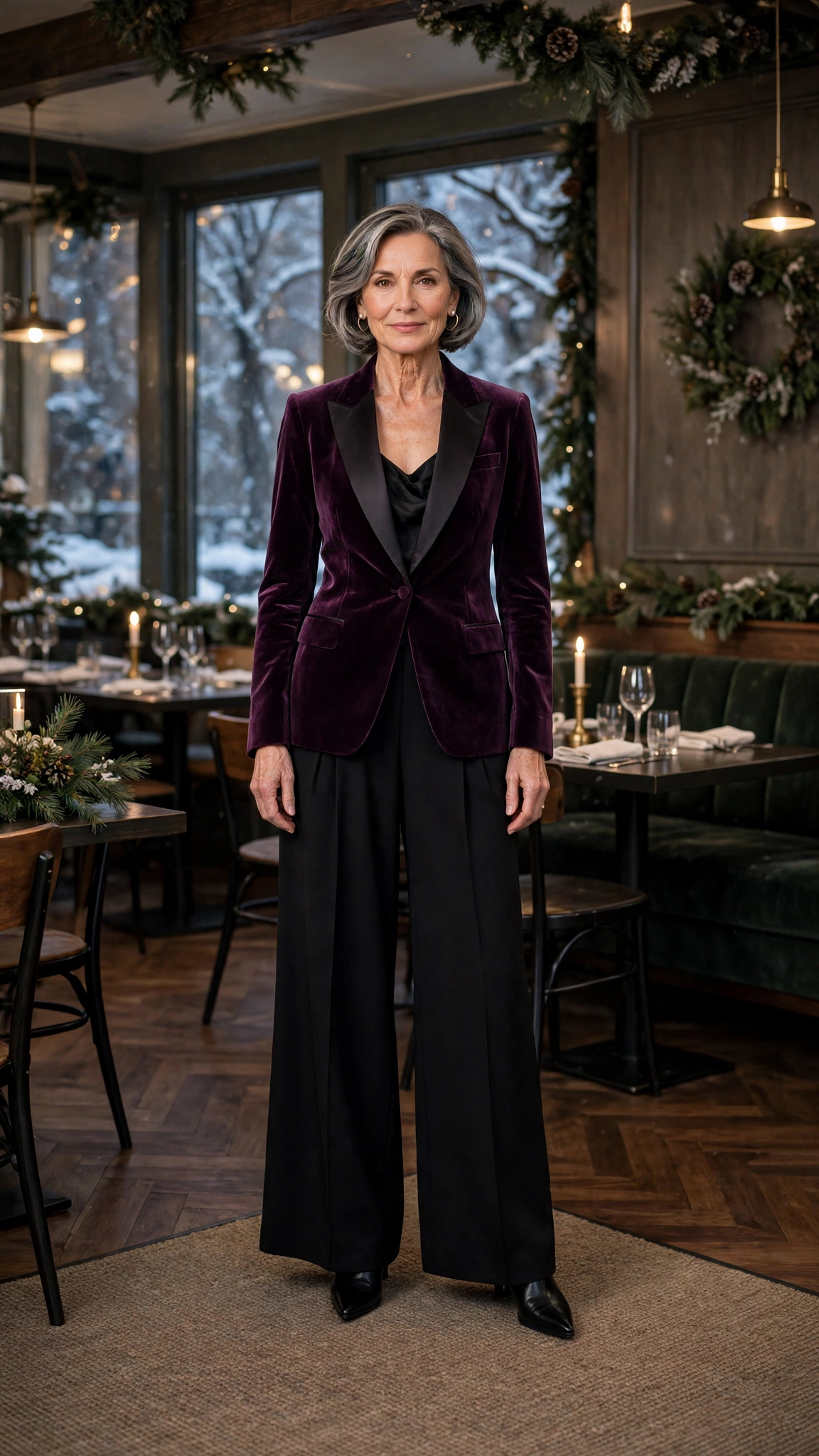 Plum velvet tuxedo jacket, black palazzo trousers and black pointed boots