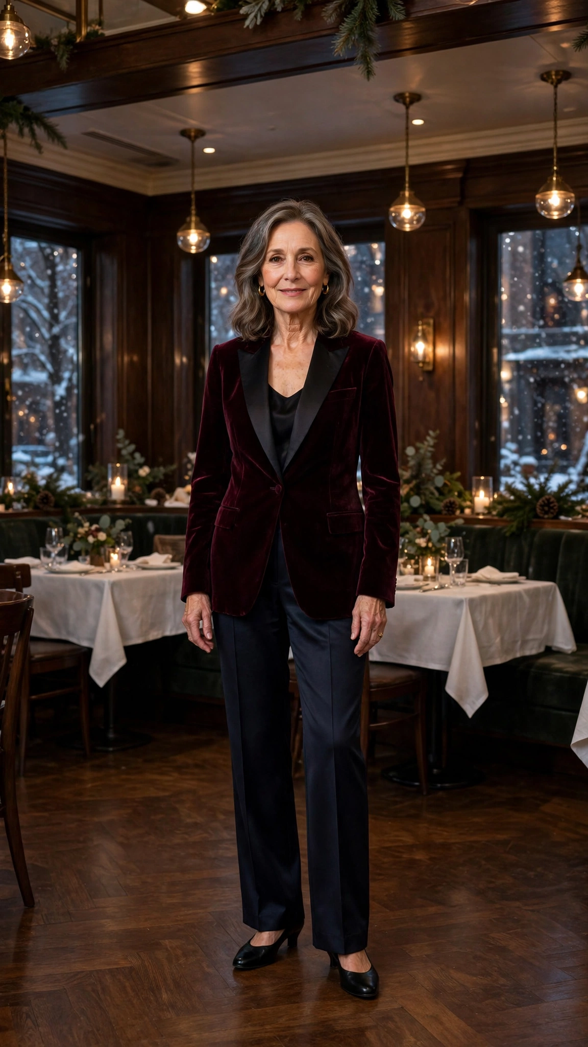 Wine velvet tuxedo jacket, dark satin trousers and low-heeled pumps