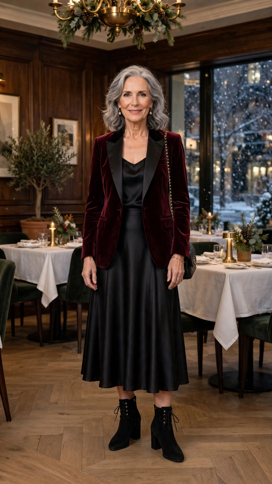 Wine velvet tuxedo jacket, satin midi skirt and block-heel ankle boots
