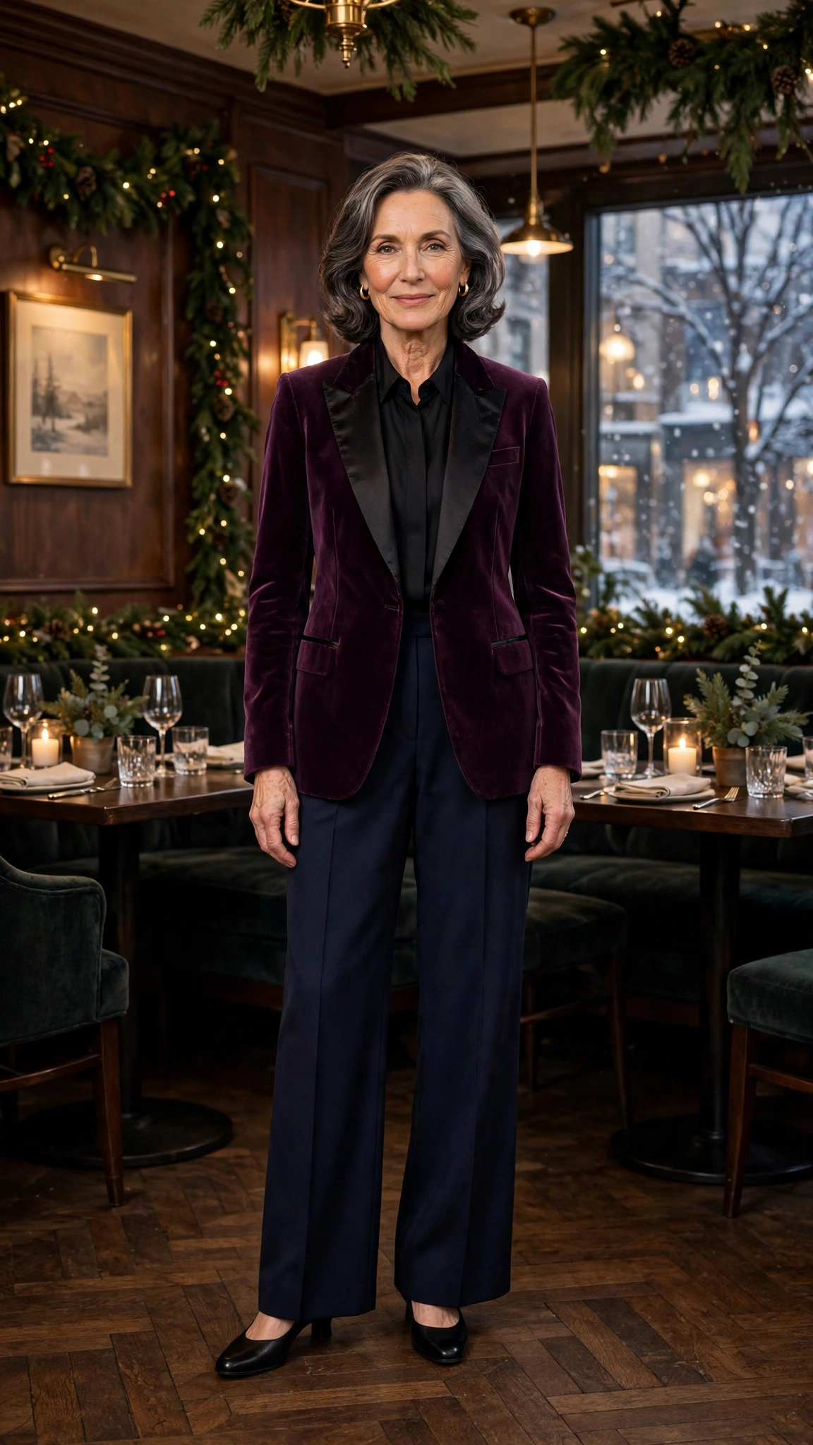 Plum velvet tuxedo jacket, navy wide-leg trousers and low-heeled pumps