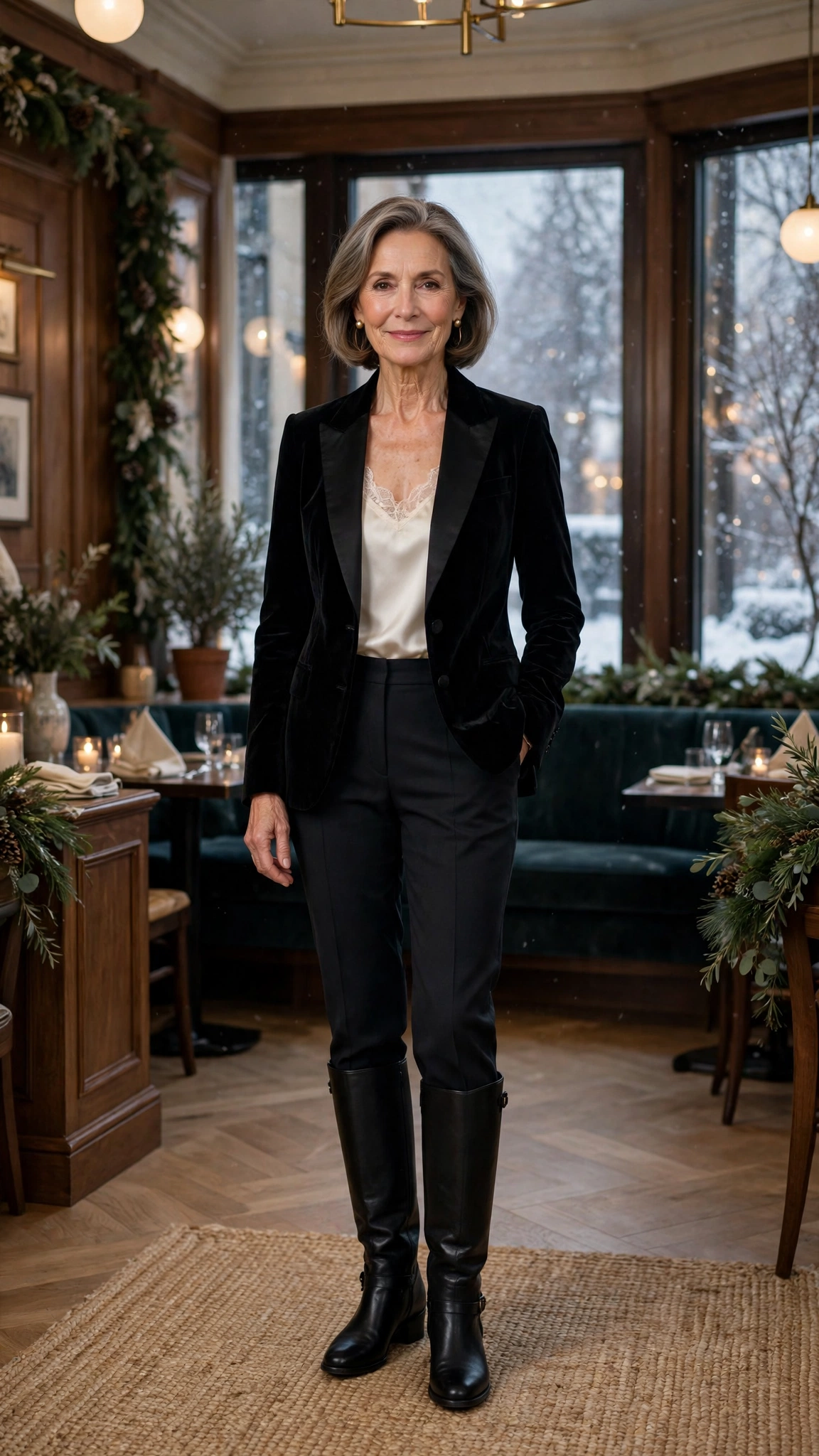 Black velvet tuxedo jacket, ivory camisole with dark trousers and knee-high boots