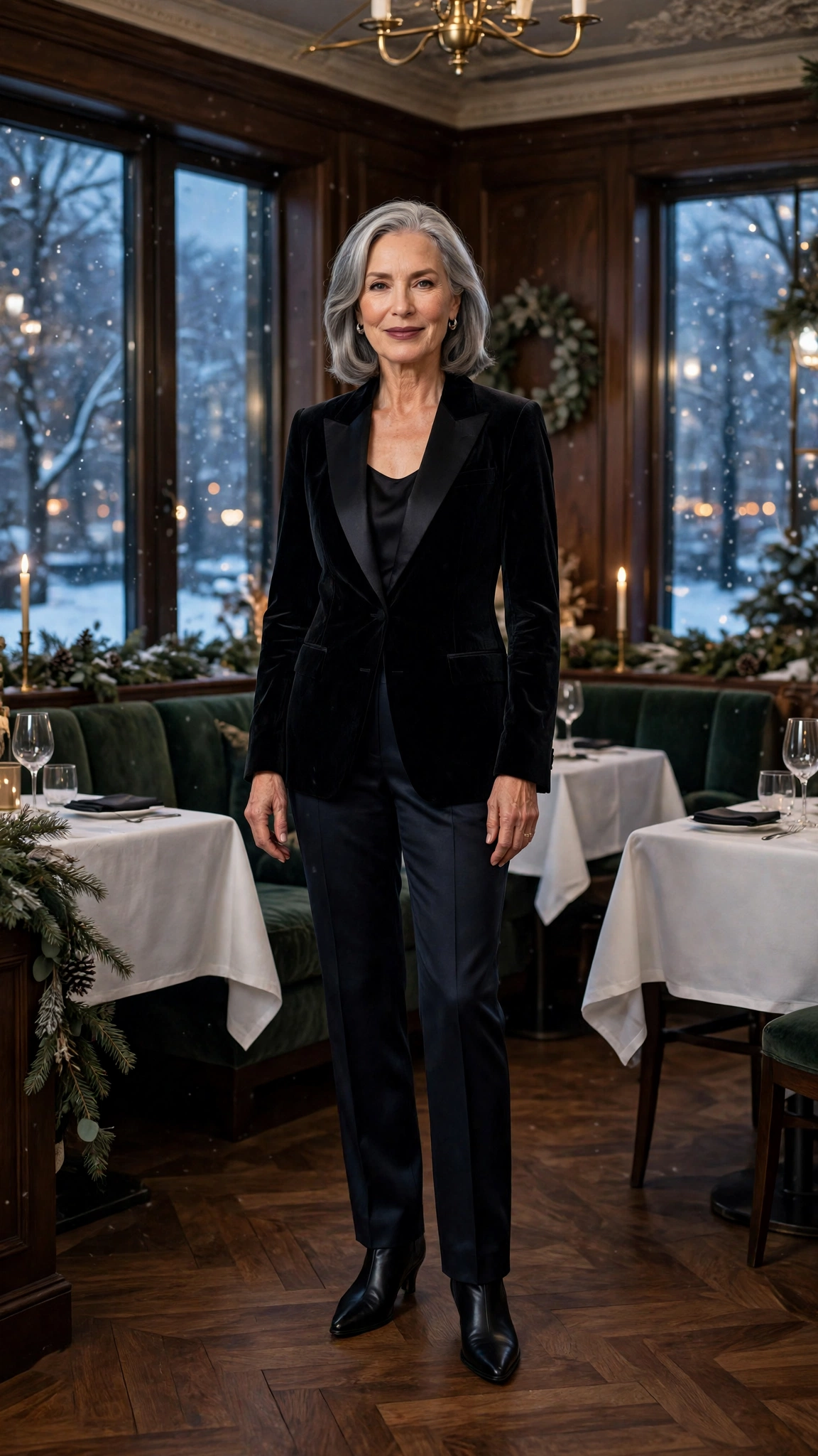 Black velvet tuxedo jacket, dark satin trousers and black pointed boots