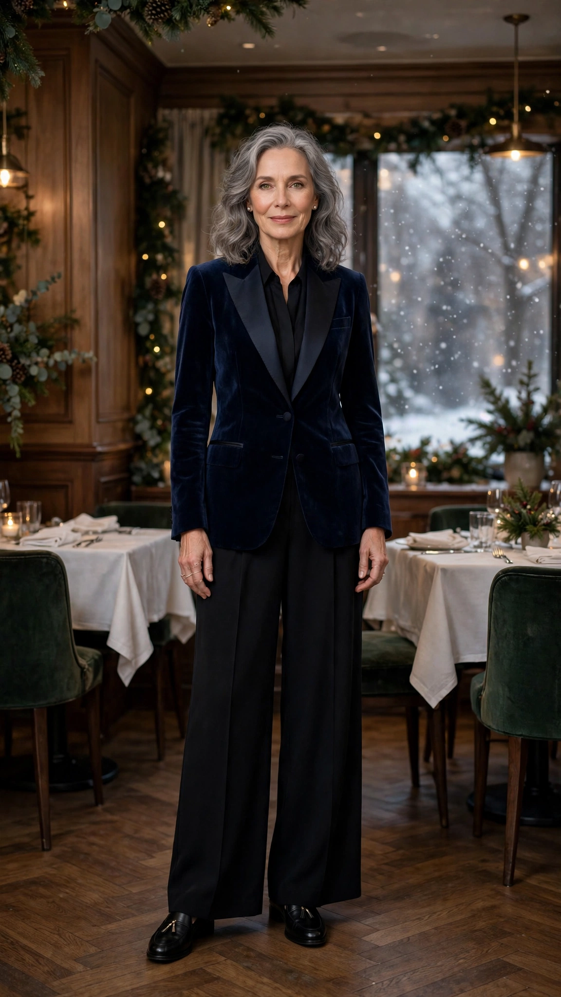 Navy velvet tuxedo jacket, black palazzo trousers and classic loafers