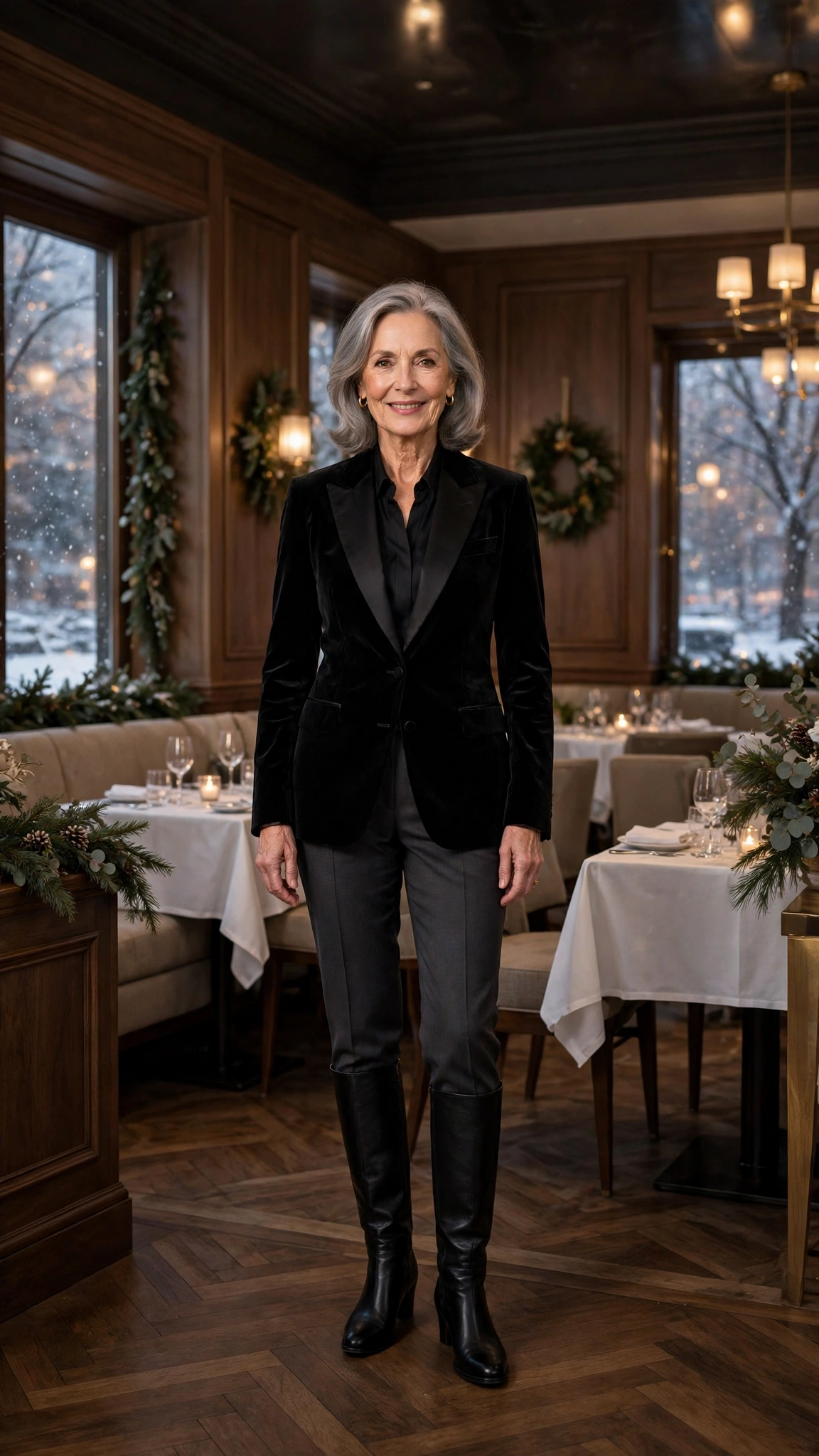 Black velvet tuxedo jacket, charcoal cigarette trousers and knee-high boots