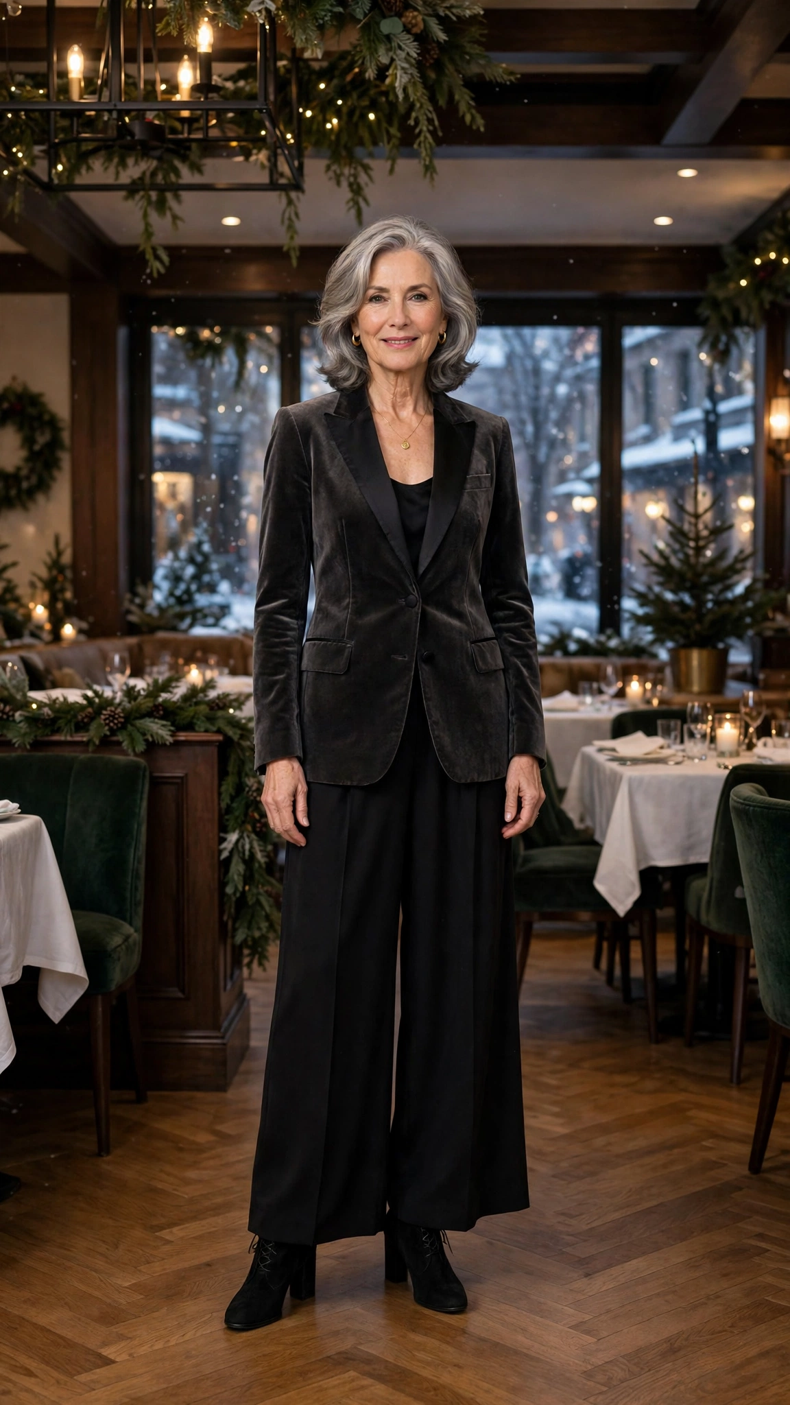 Charcoal velvet tuxedo jacket, black palazzo trousers and block-heel ankle boots