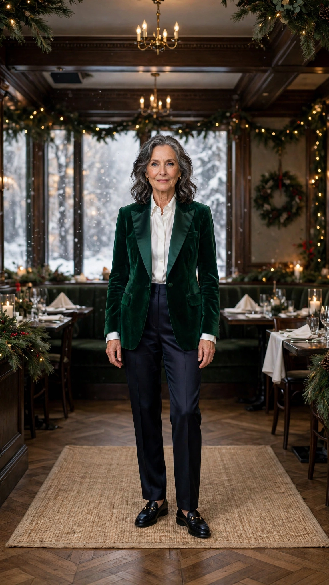 Emerald velvet tuxedo jacket, dark satin trousers and classic loafers