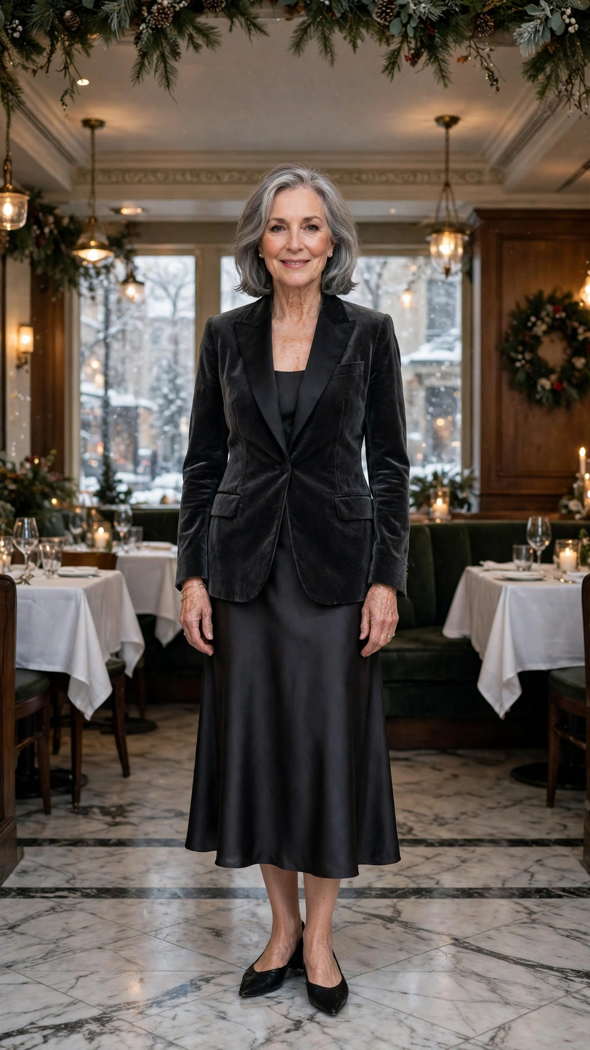 Charcoal velvet tuxedo jacket, satin midi skirt and elegant pointed flats