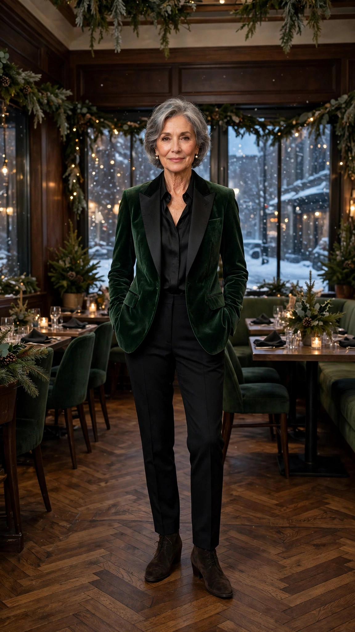 Forest green velvet tuxedo jacket, black tailored trousers and suede ankle boots