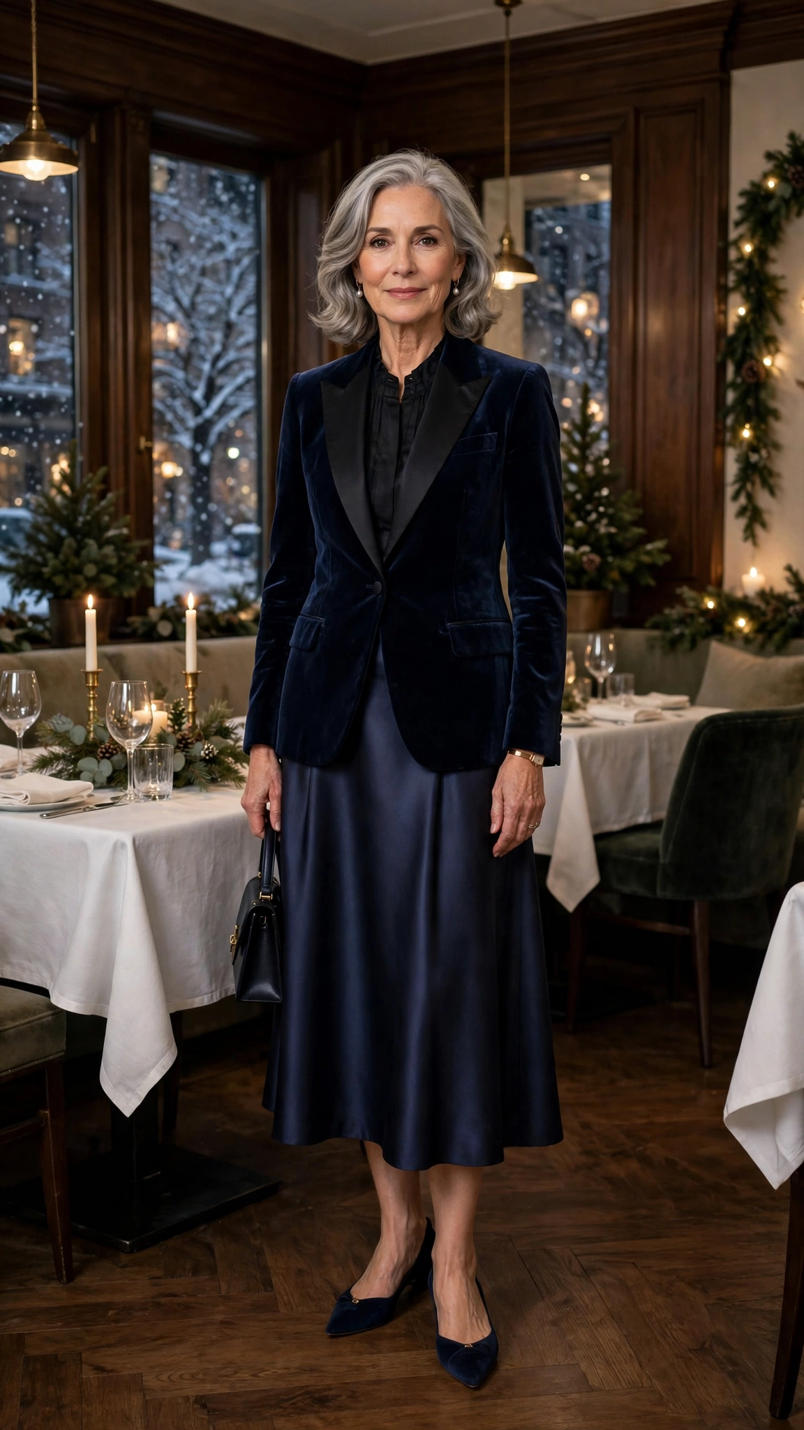 Navy velvet tuxedo jacket, satin midi skirt and elegant pointed flats