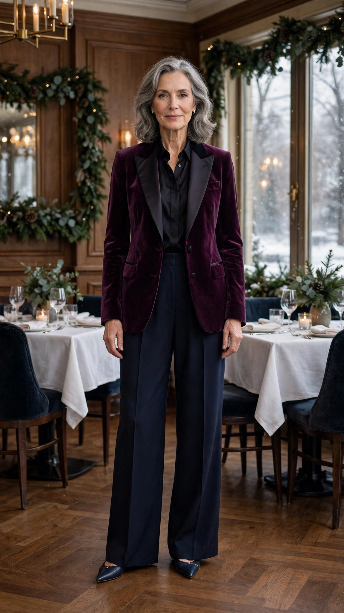Plum velvet tuxedo jacket, navy wide-leg trousers and elegant pointed flats