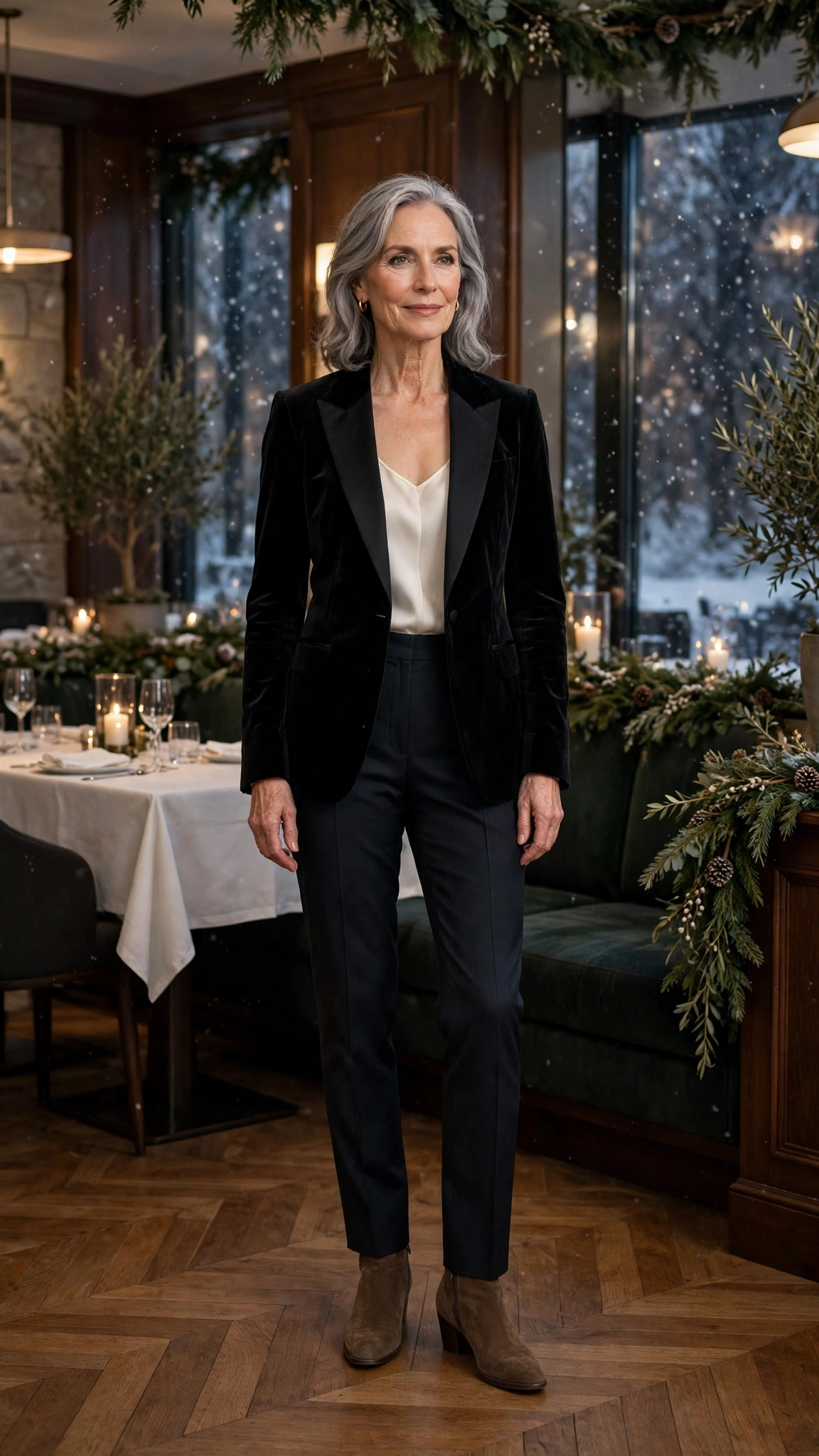 Black velvet tuxedo jacket, ivory camisole with dark trousers and suede ankle boots