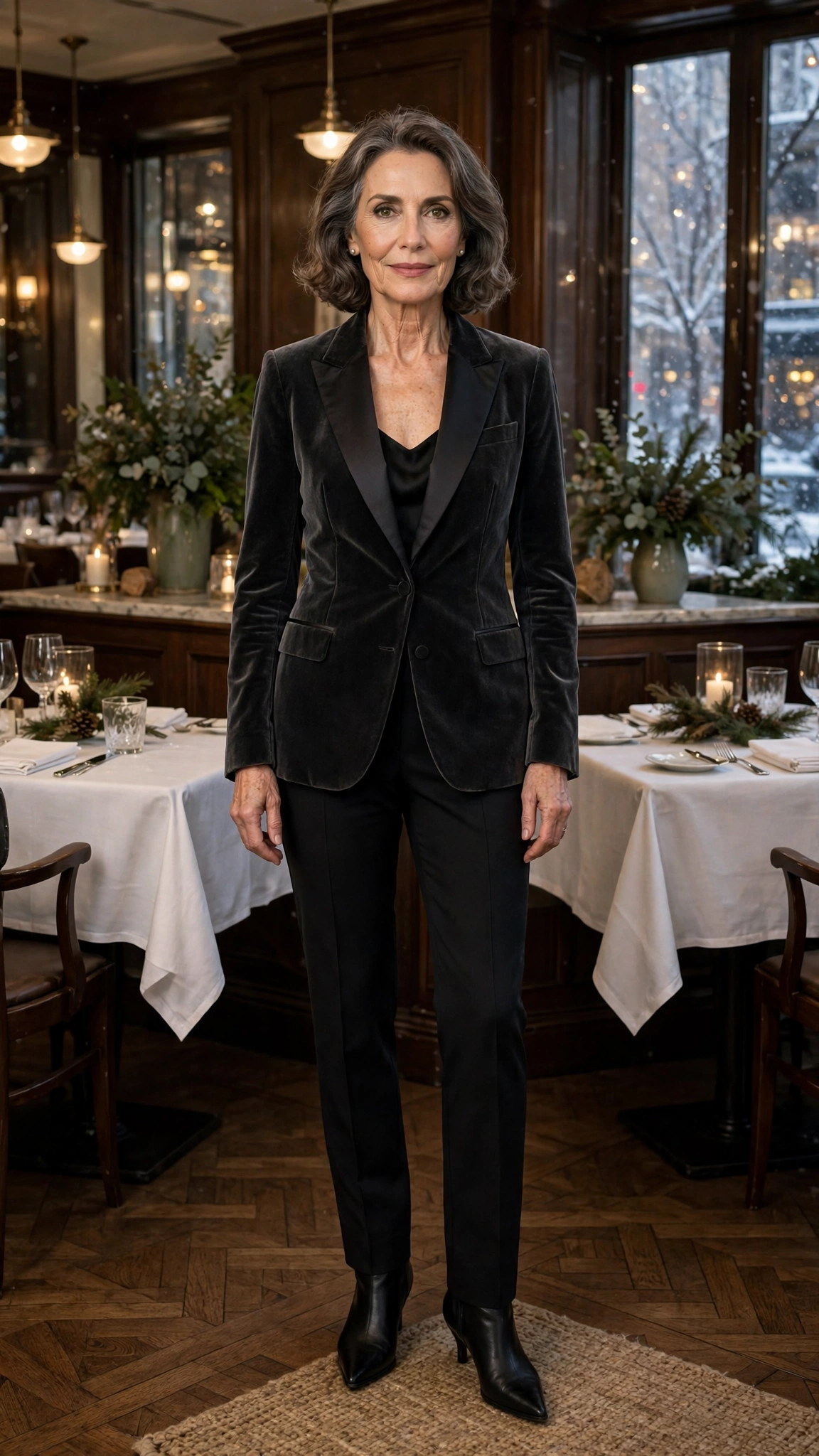 Charcoal velvet tuxedo jacket, black tailored trousers and black pointed boots