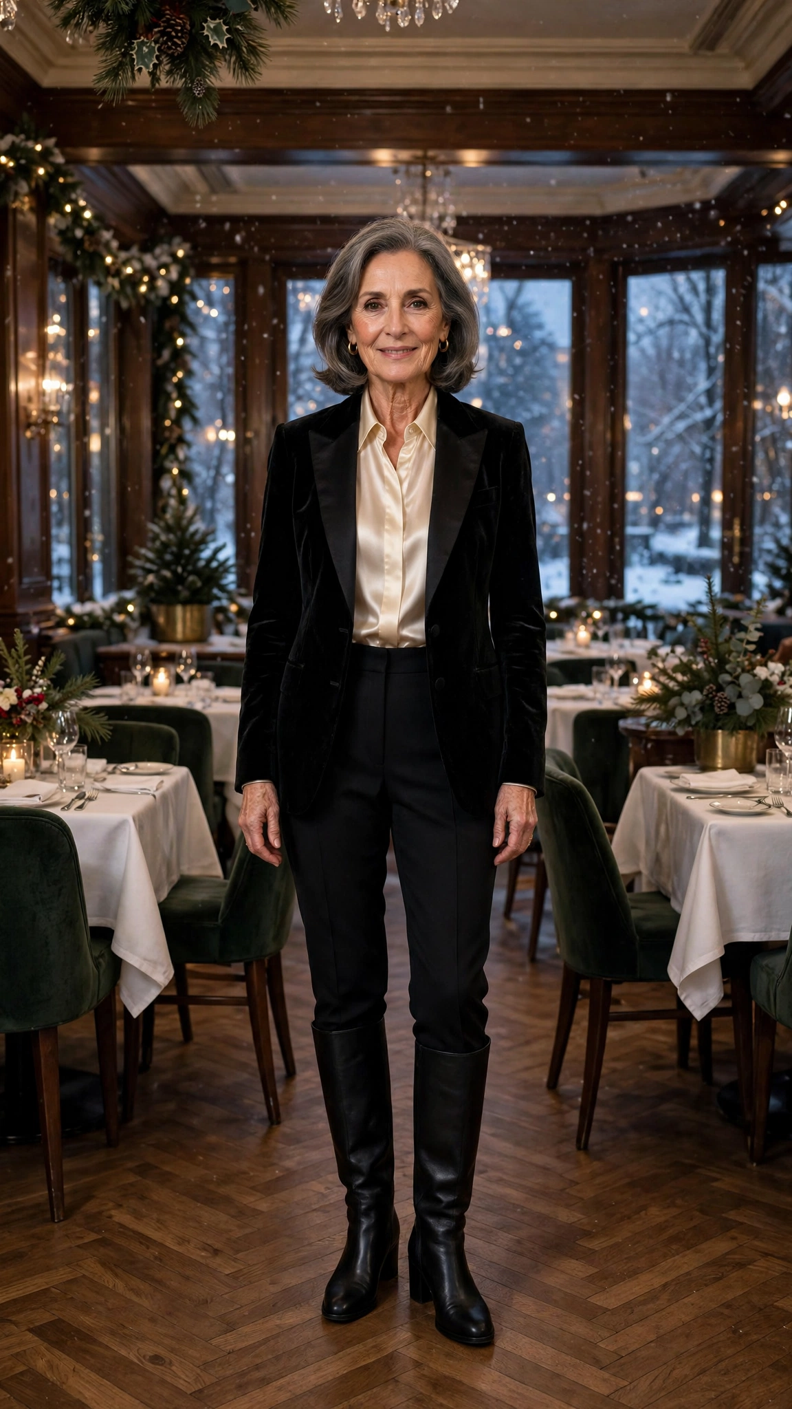 Black velvet tuxedo jacket, silk blouse with black trousers and knee-high boots