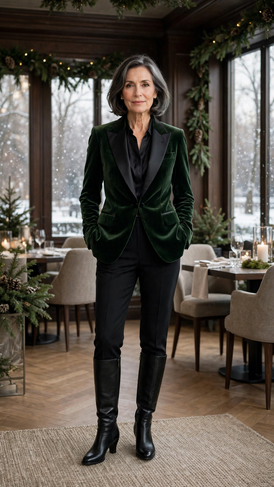 Forest green velvet tuxedo jacket, black tailored trousers and knee-high boots