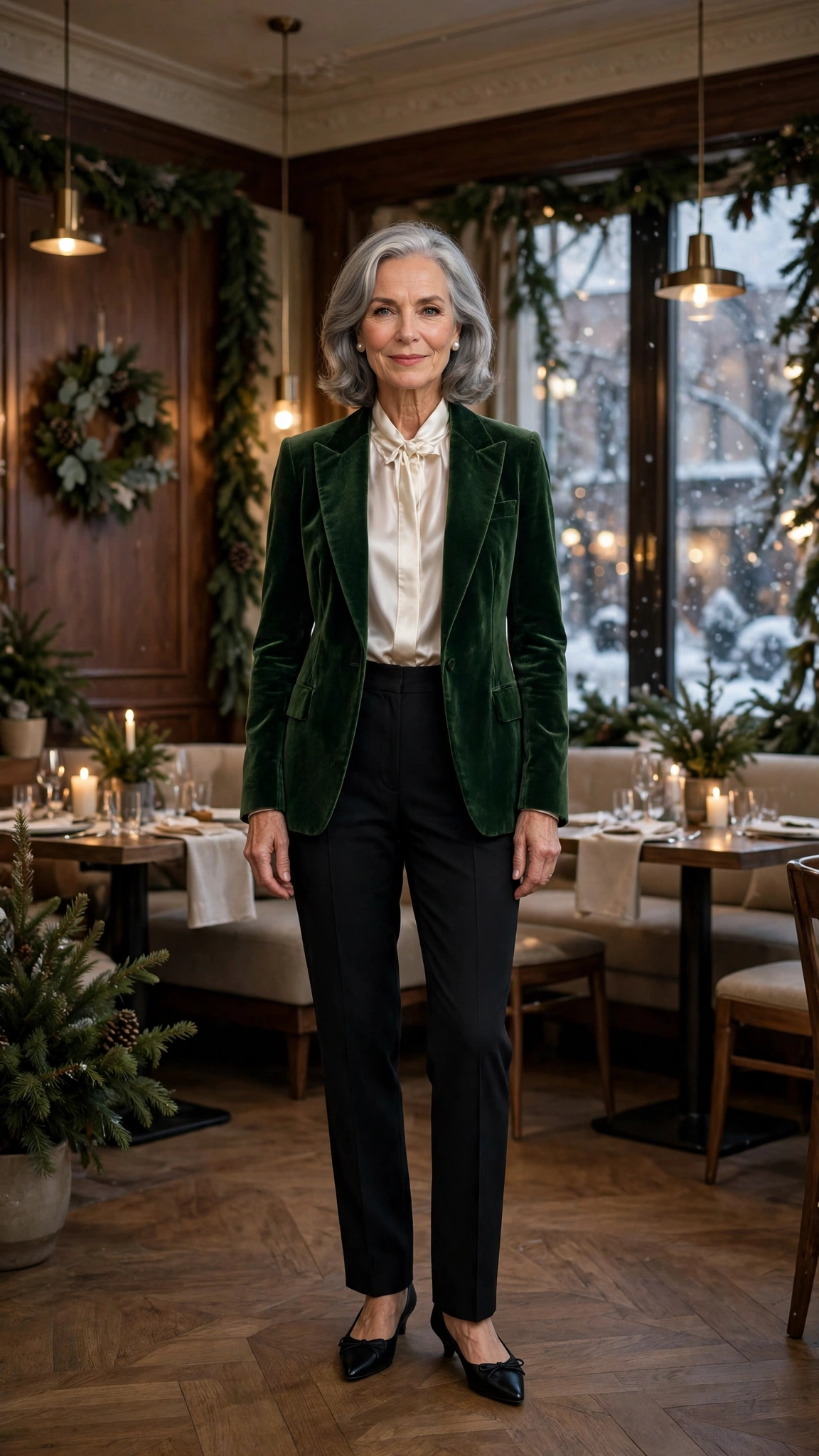 Forest green velvet tuxedo jacket, silk blouse with black trousers and elegant pointed flats