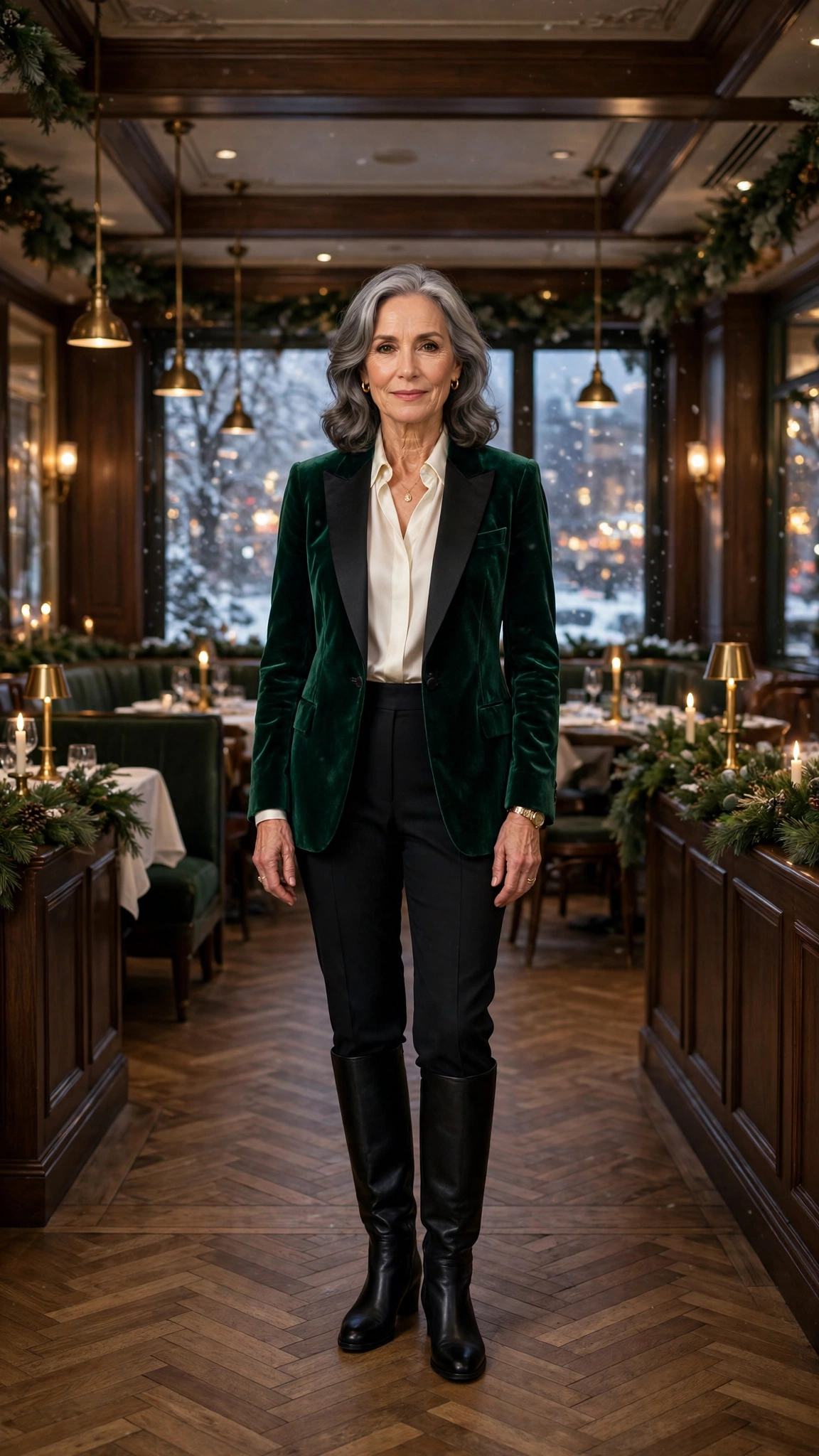 Emerald velvet tuxedo jacket, silk blouse with black trousers and knee-high boots