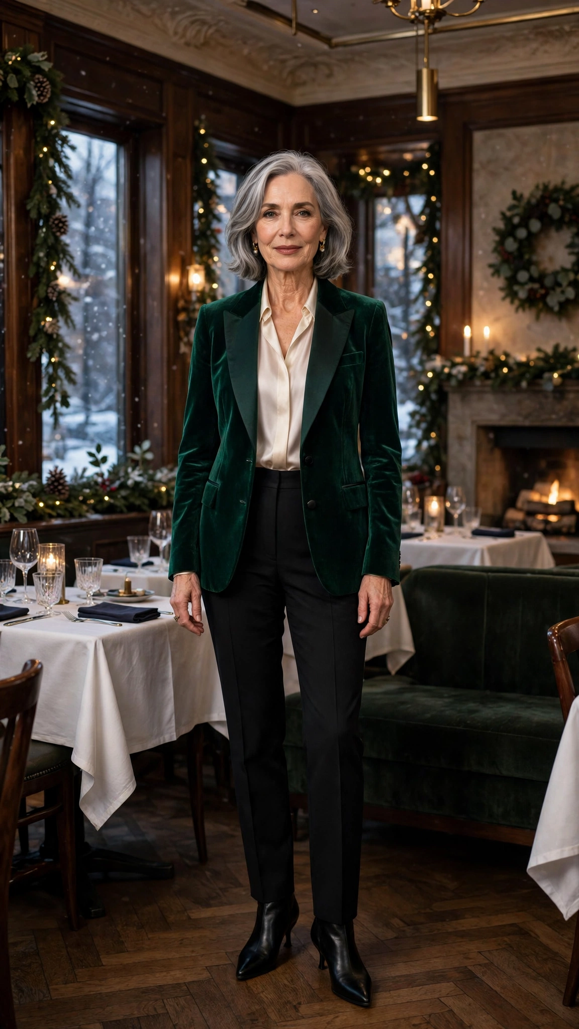 Emerald velvet tuxedo jacket, silk blouse with black trousers and black pointed boots