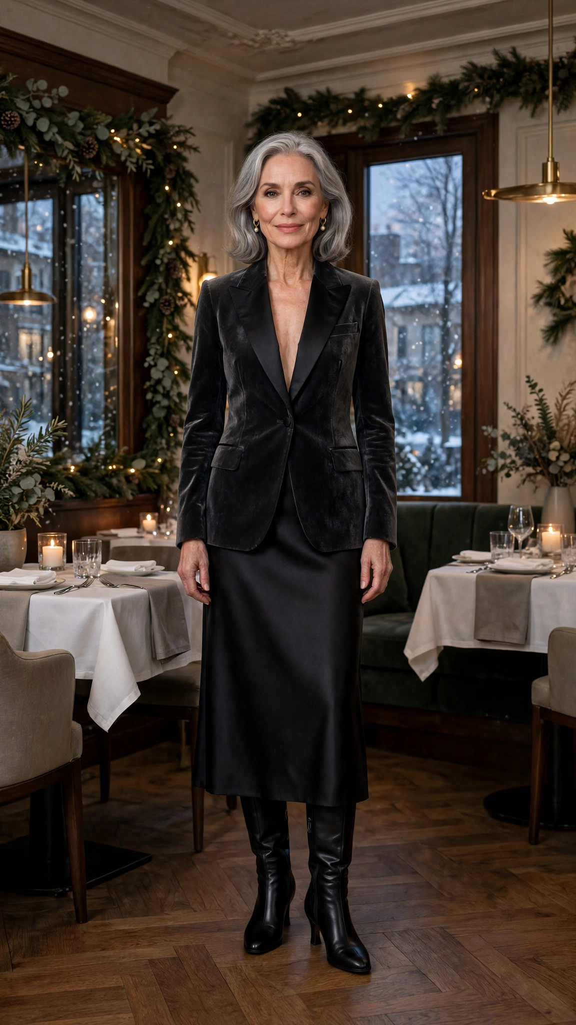 Charcoal velvet tuxedo jacket, satin midi skirt and knee-high boots