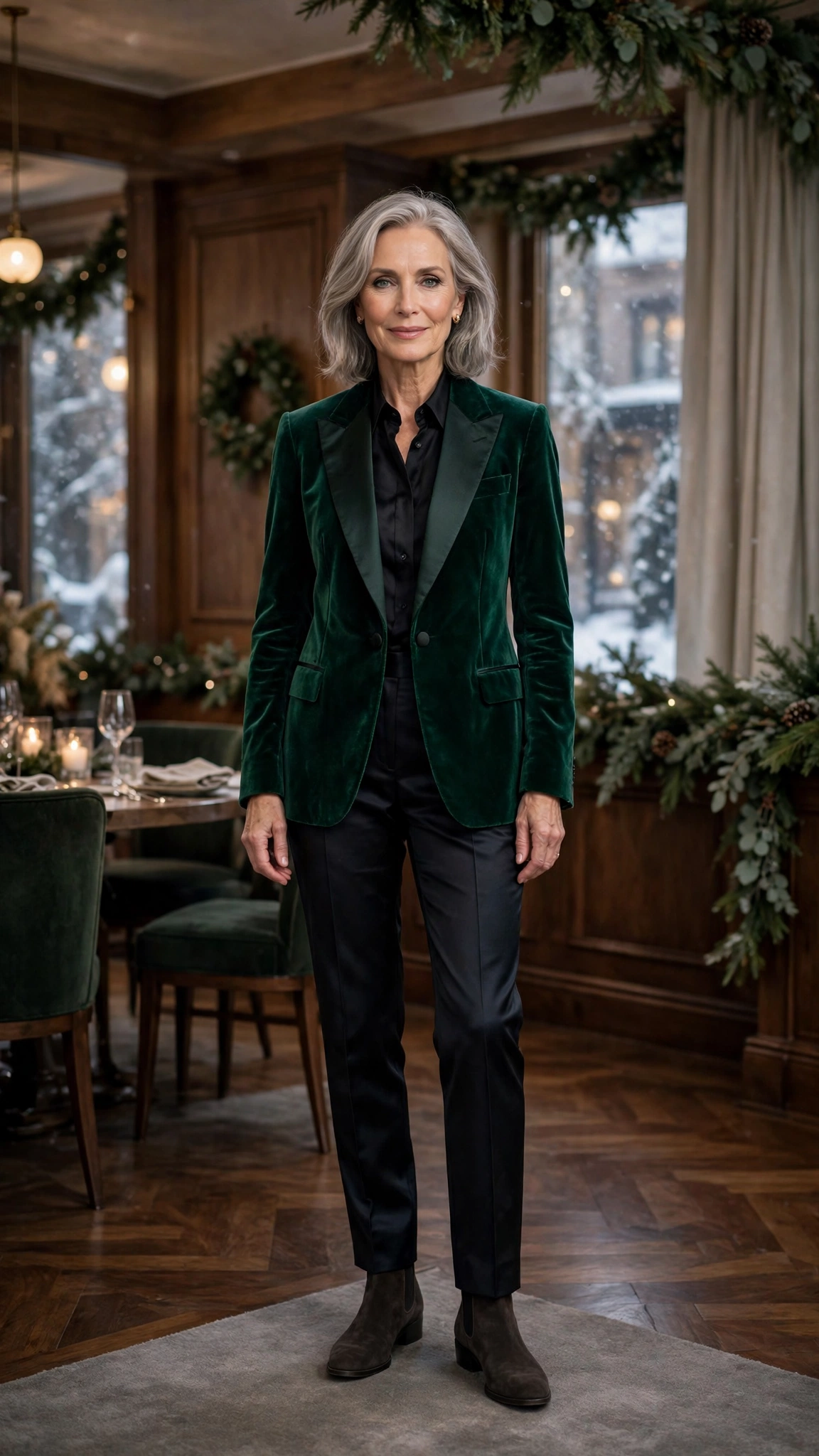 Emerald velvet tuxedo jacket, dark satin trousers and suede ankle boots