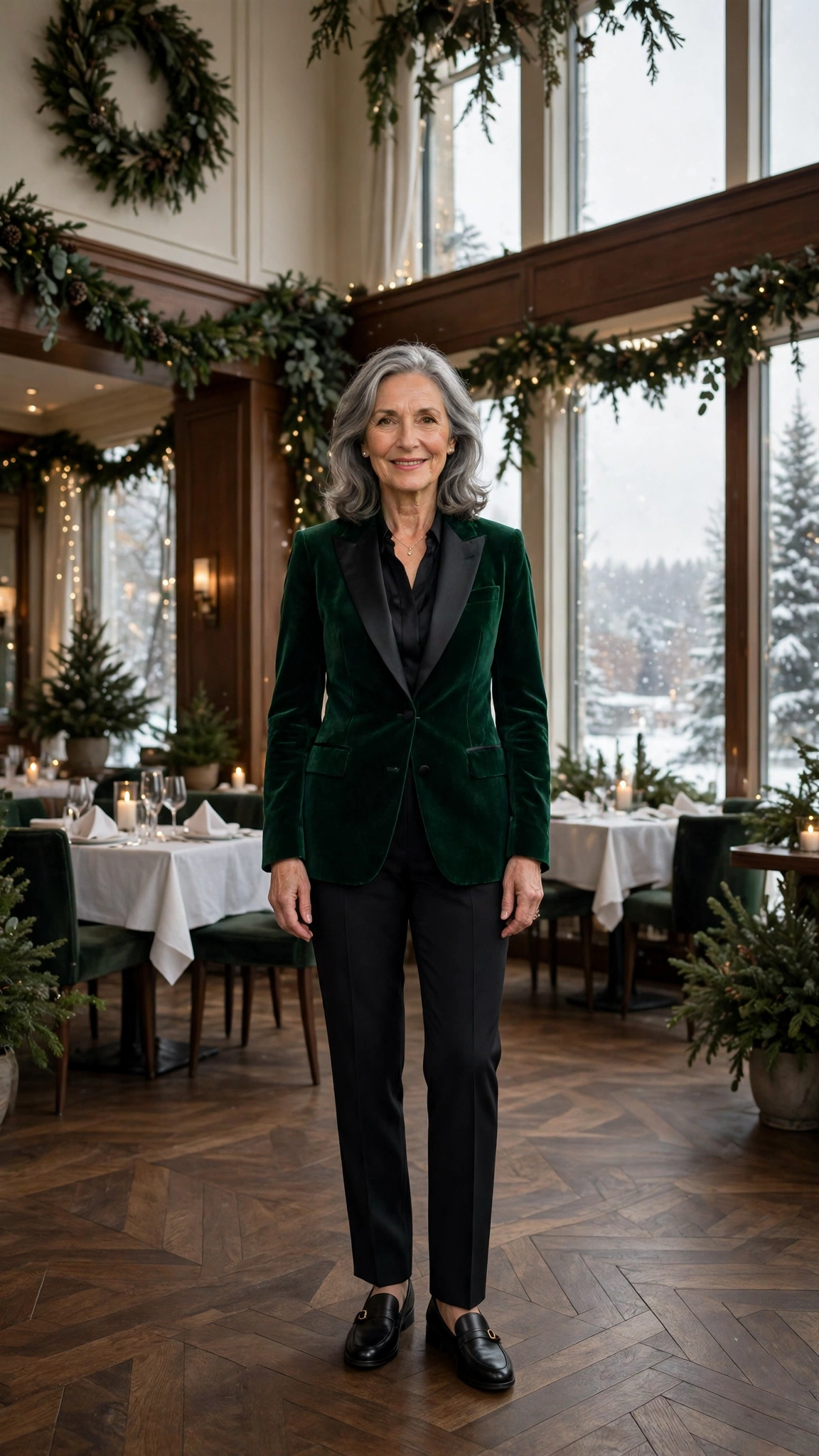 Emerald velvet tuxedo jacket, black tailored trousers and classic loafers