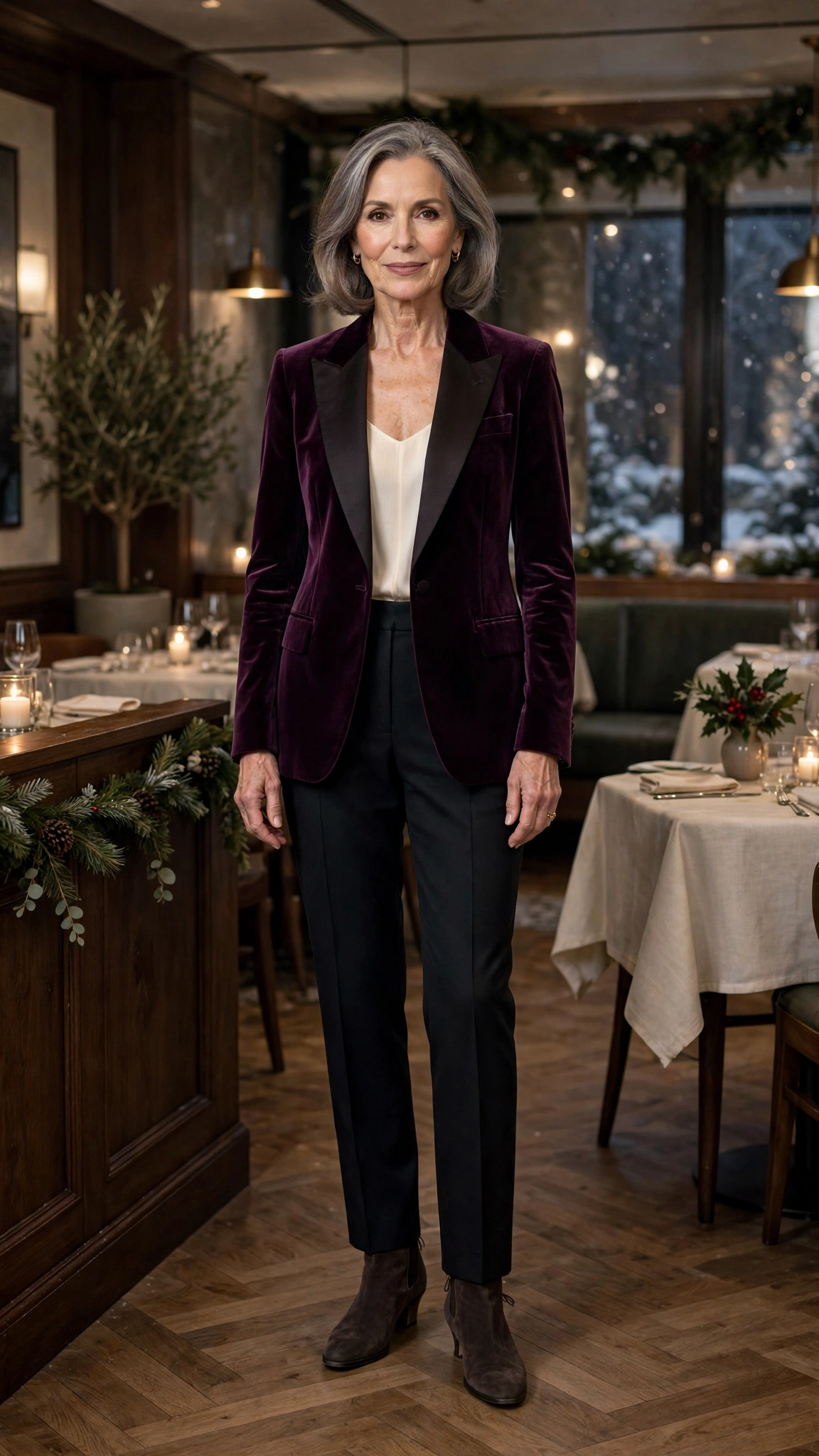 Plum velvet tuxedo jacket, ivory camisole with dark trousers and suede ankle boots