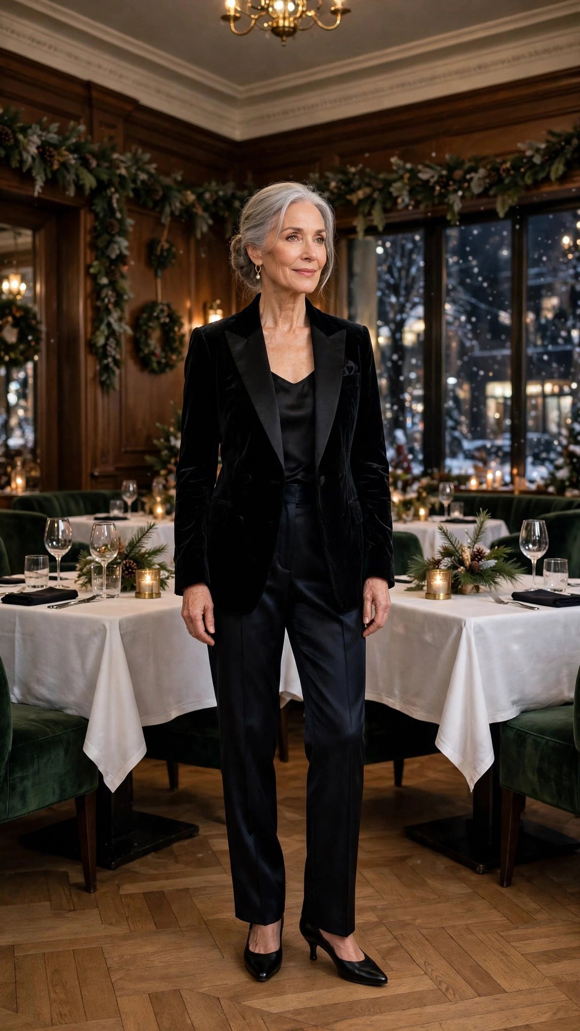Black velvet tuxedo jacket, dark satin trousers and kitten heels