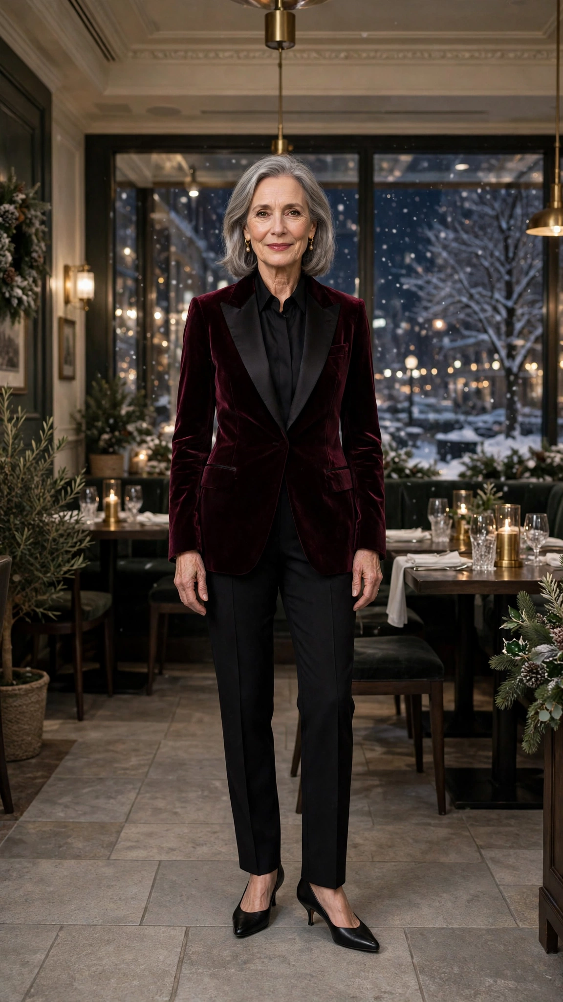 Wine velvet tuxedo jacket, black tailored trousers and kitten heels