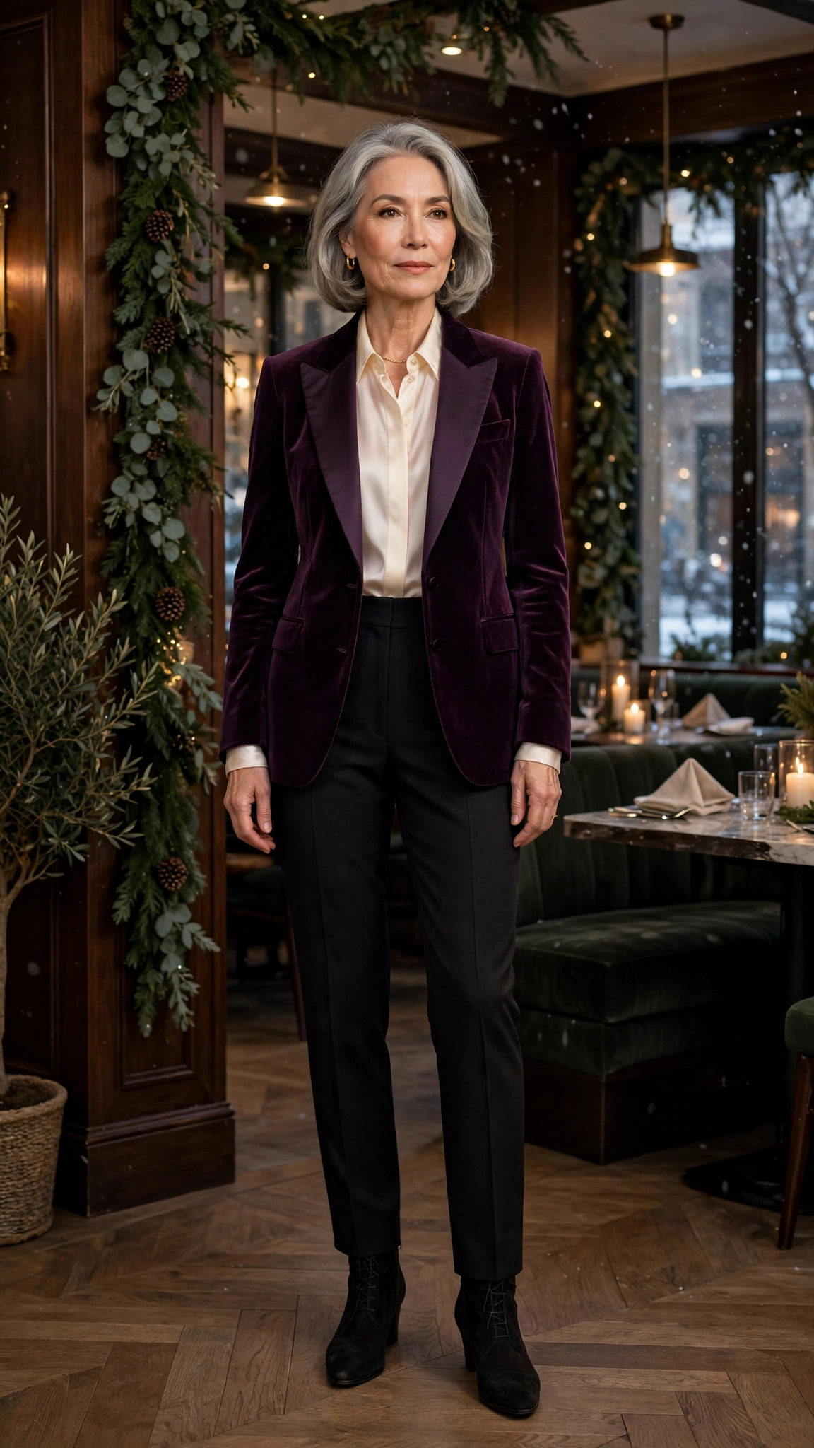 Plum velvet tuxedo jacket, silk blouse with black trousers and suede ankle boots
