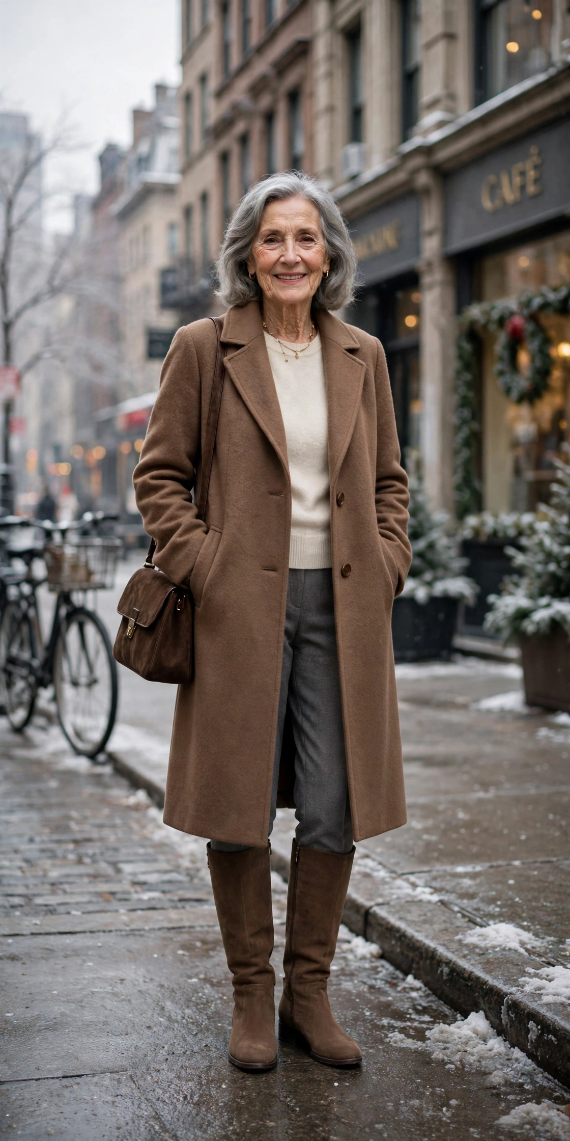 Mocha brown coat, grey tailored trousers with a cream top and knee-high boots