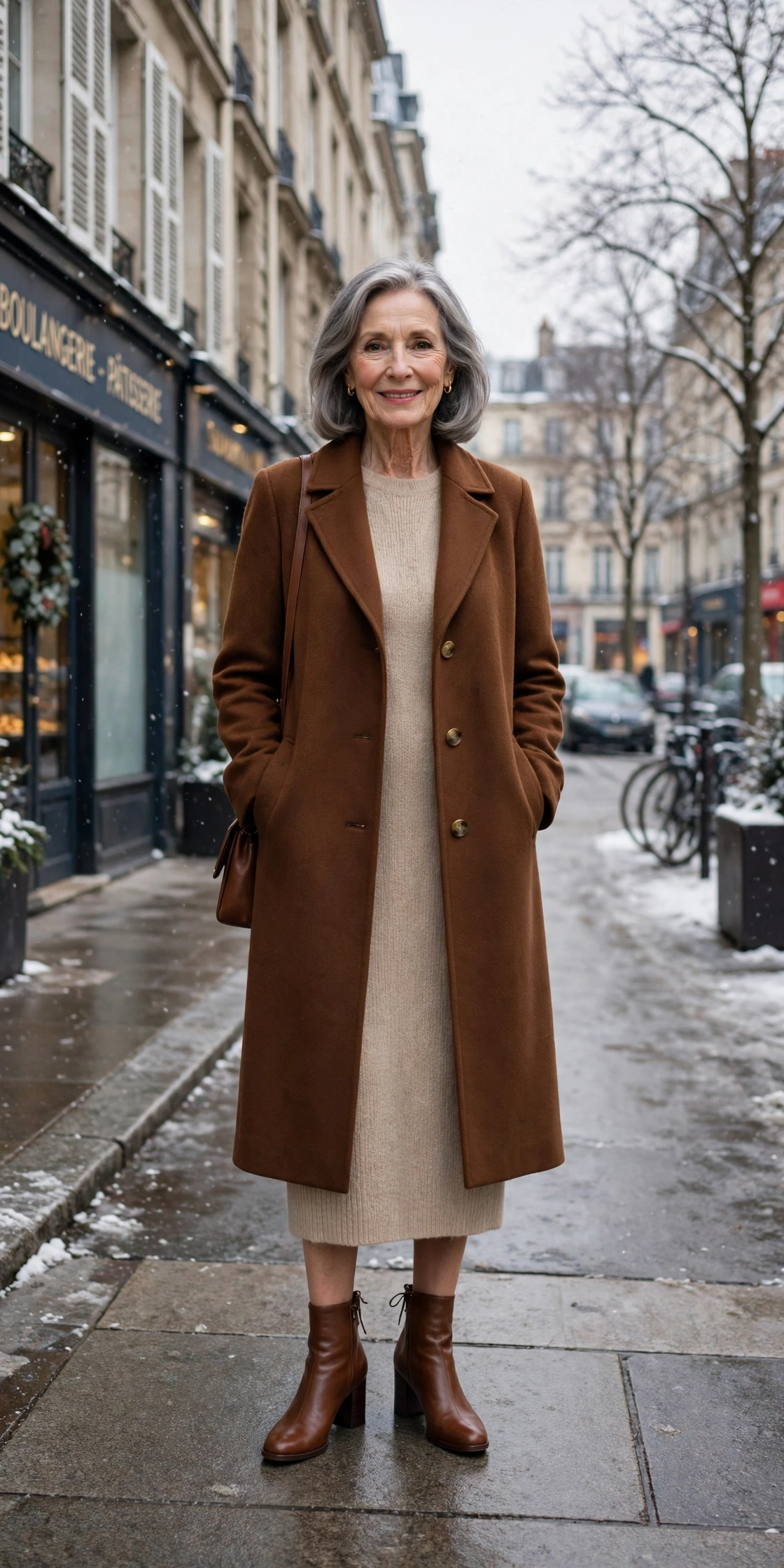 Chestnut brown coat, beige knit dress and block-heel ankle boots