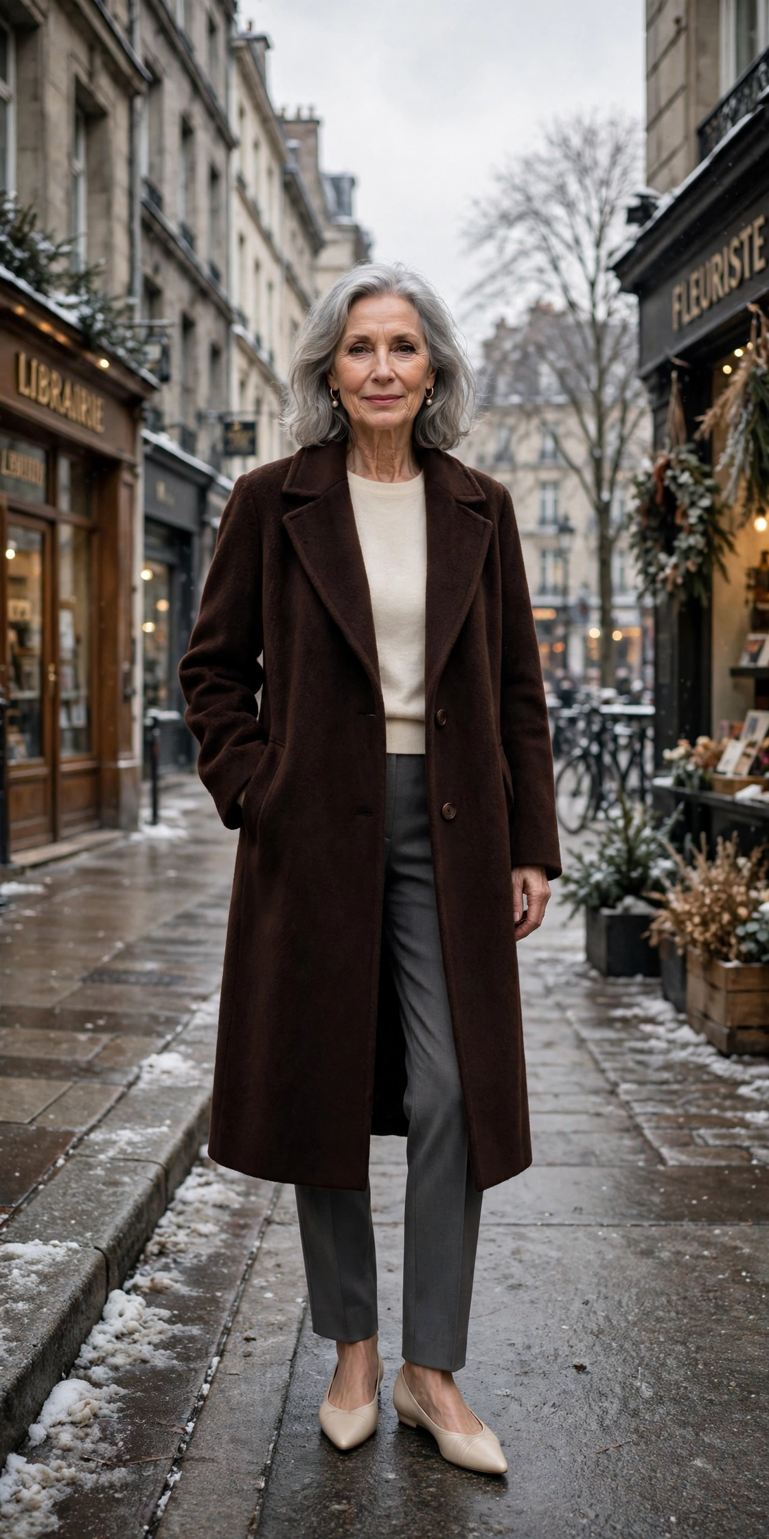 Dark chocolate brown coat, grey tailored trousers with a cream top and elegant pointed flats