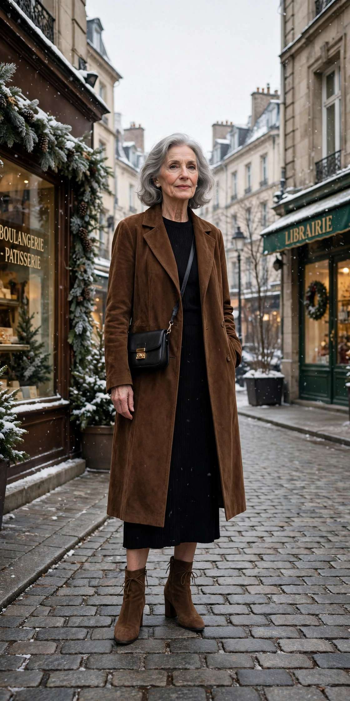 Milk chocolate brown coat, black midi dress and suede ankle boots