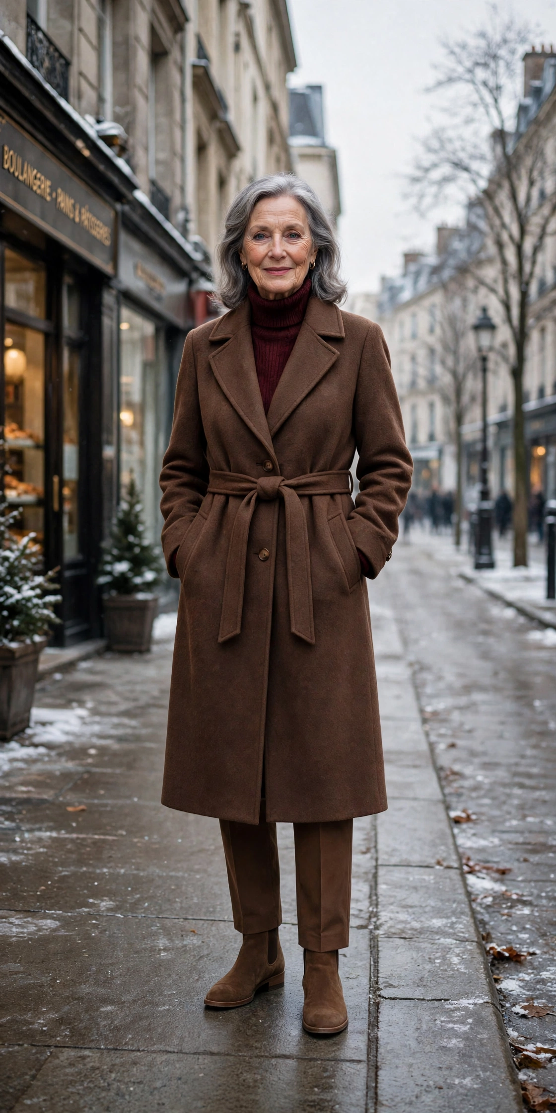 Milk chocolate brown coat, burgundy top with brown trousers and suede ankle boots