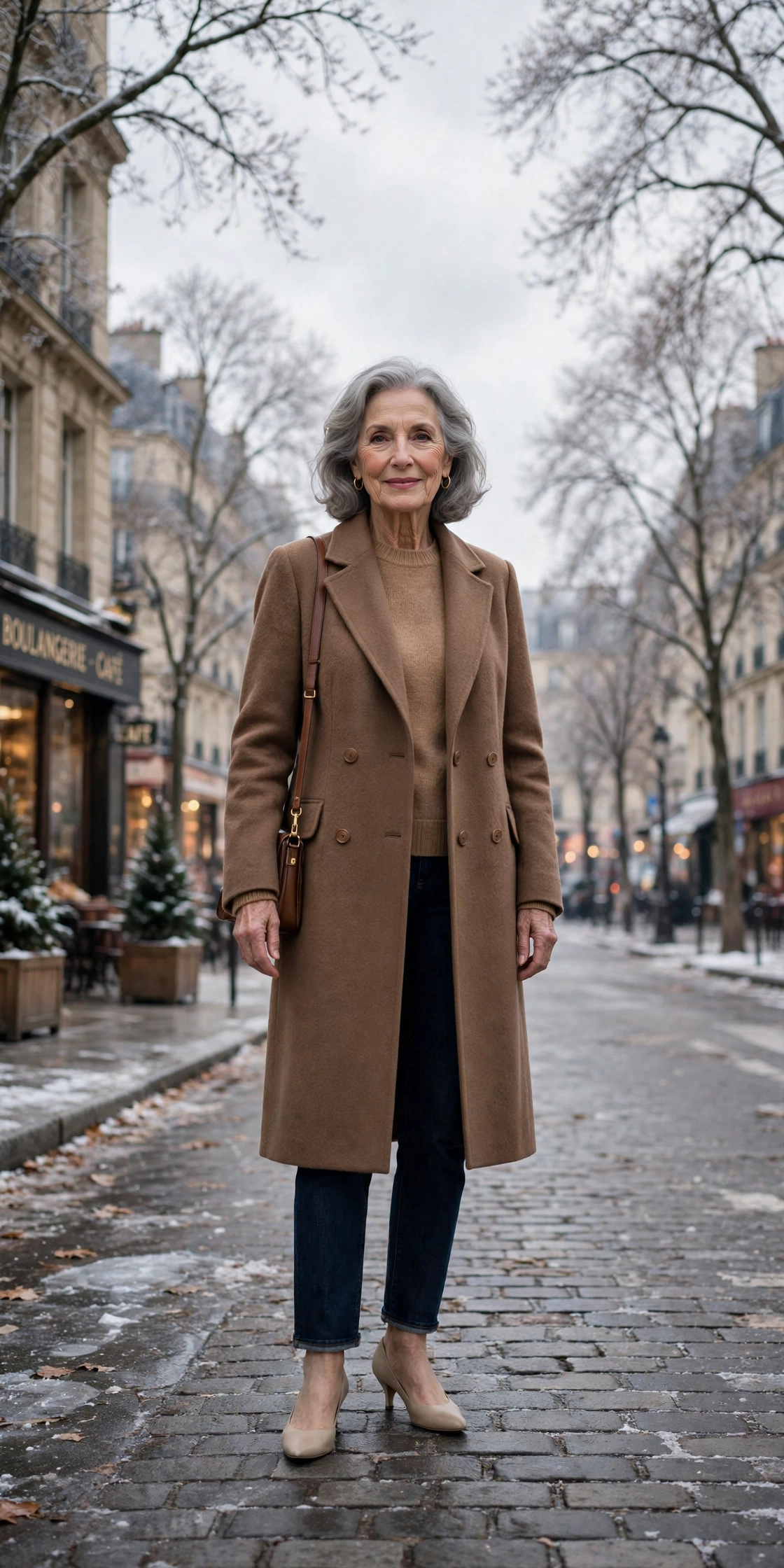 Mocha brown coat, camel sweater with dark jeans and kitten heels