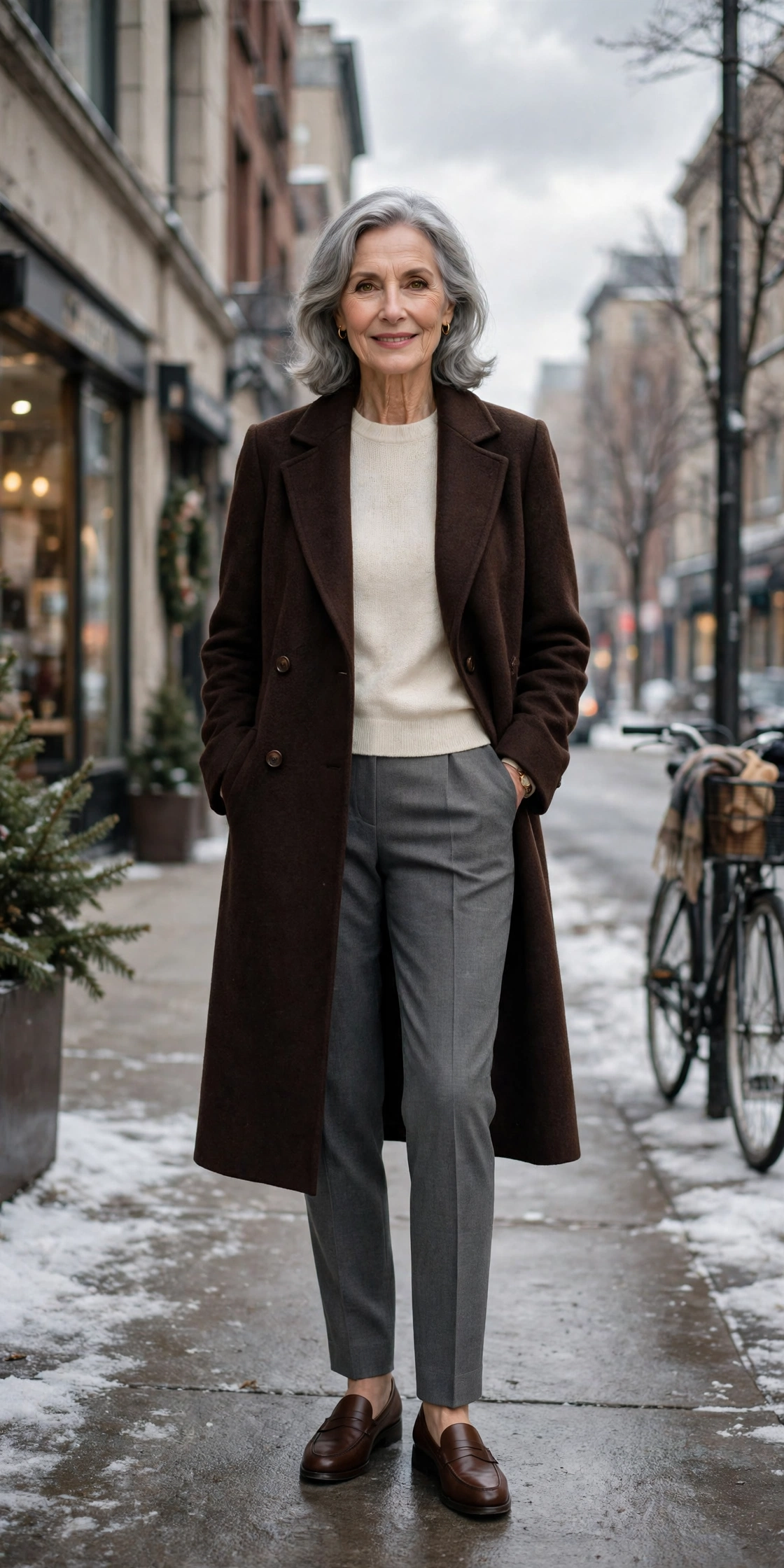 Dark chocolate brown coat, grey tailored trousers with a cream top and classic loafers